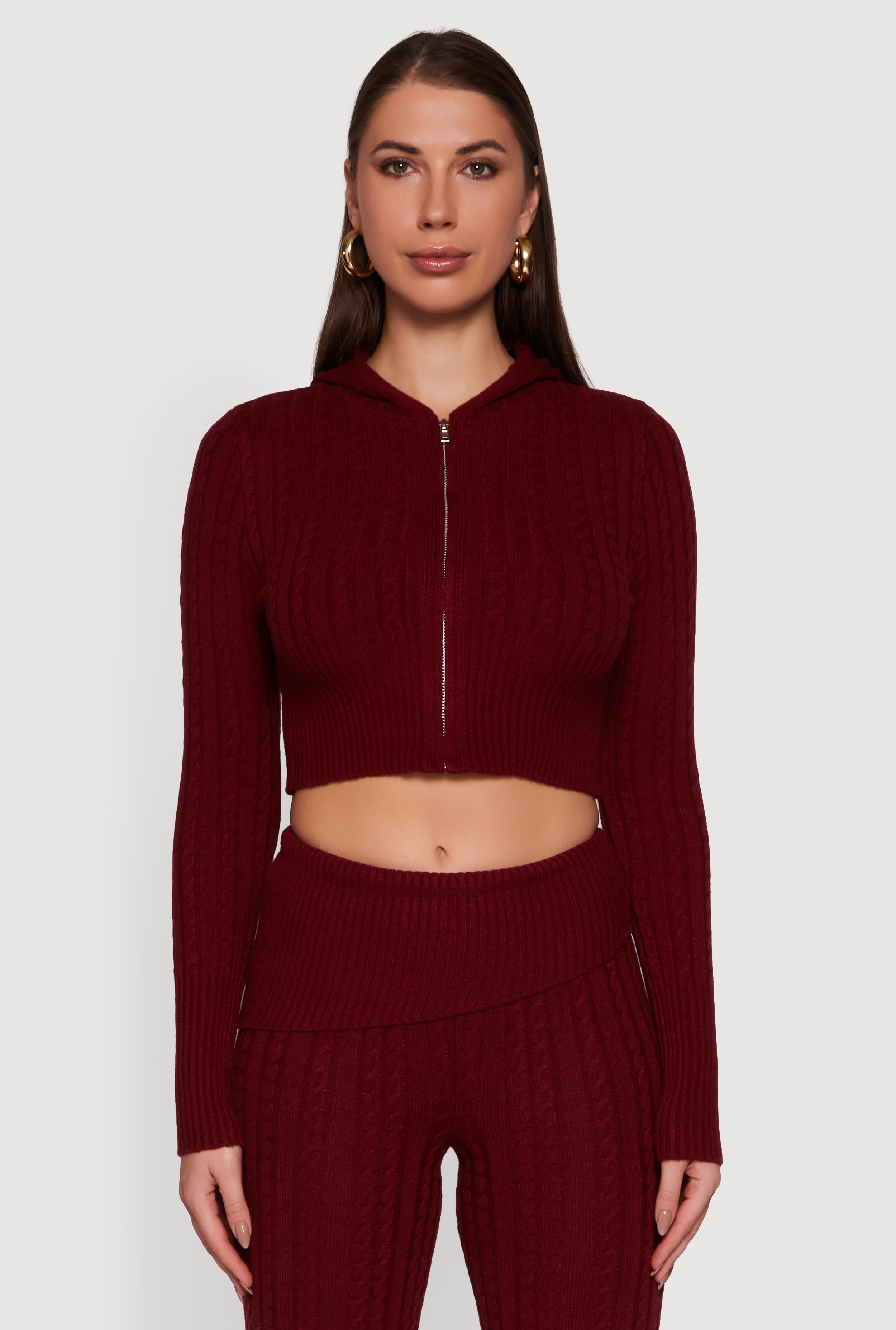 Cable Knit Cropped Zip Front Hoodie