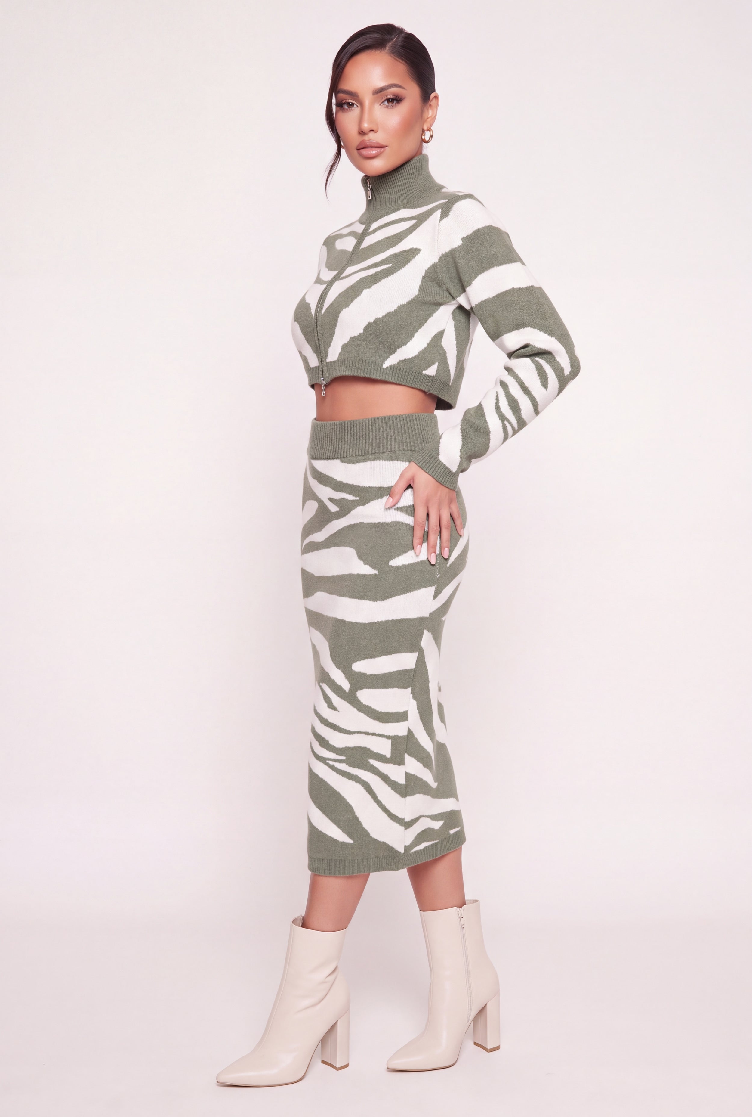 Zebra Print Double Zip Cropped Sweater