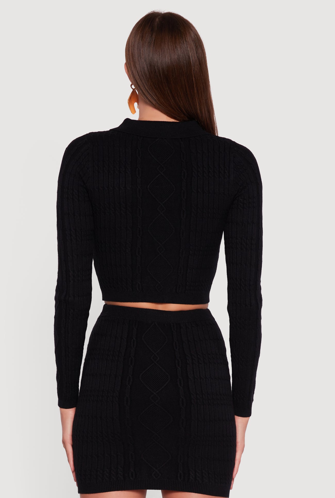 Cable Knit Polo Collar Cropped Sweater