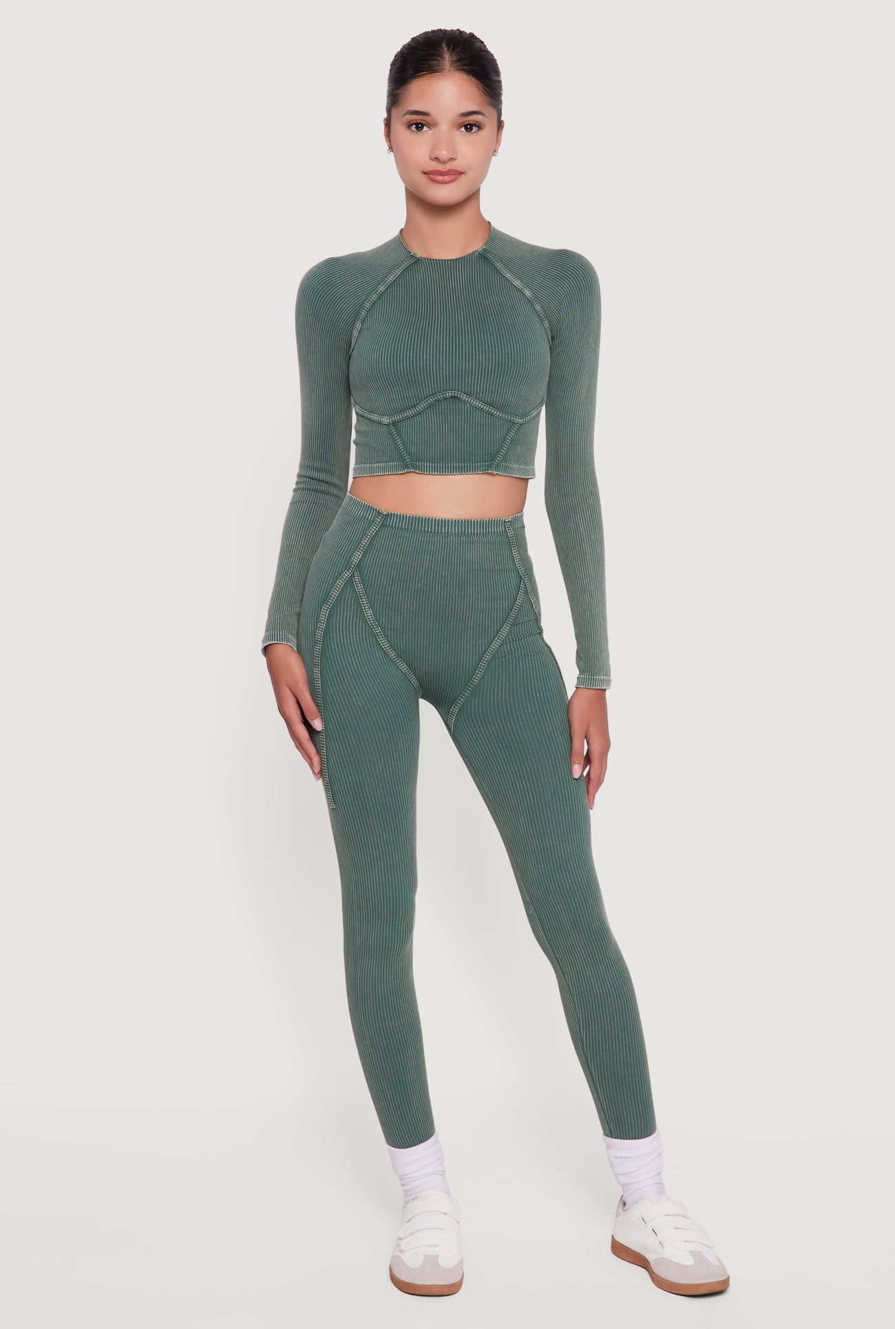 Acid Wash Ribbed Knit Decorative Stitch Active Crop Top