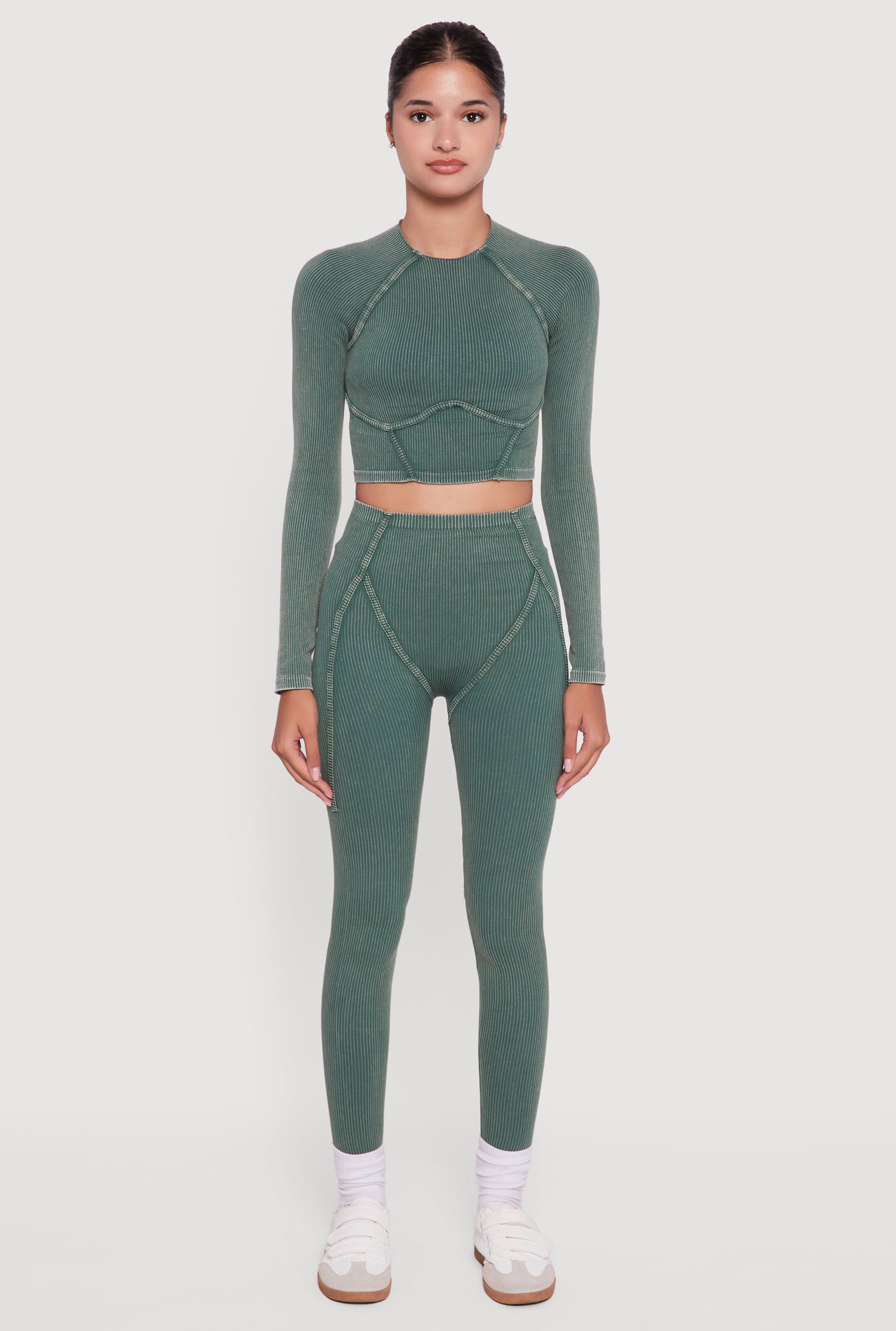Acid Wash Ribbed Knit Decorative Stitch Active Crop Top