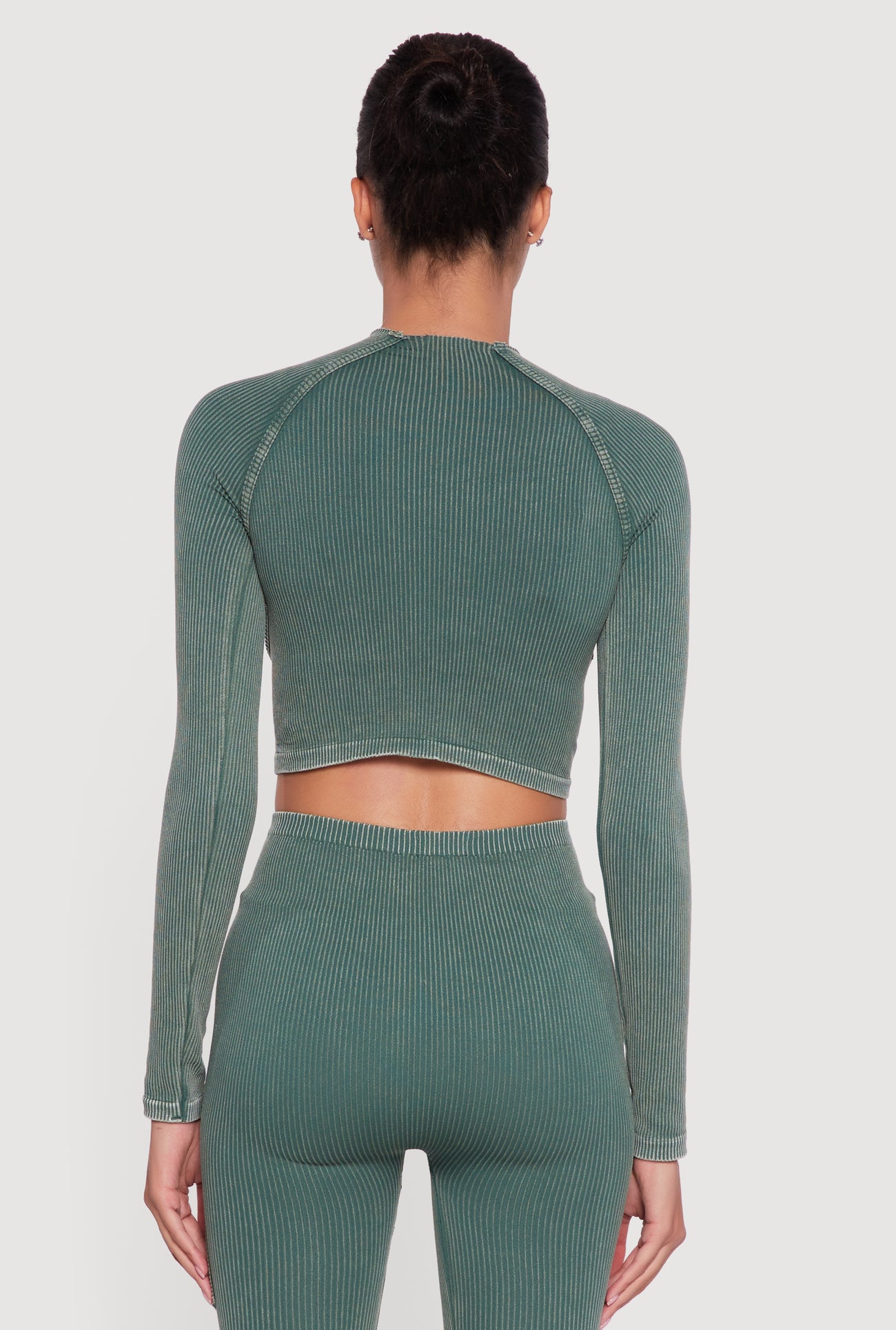 Acid Wash Ribbed Knit Decorative Stitch Active Crop Top