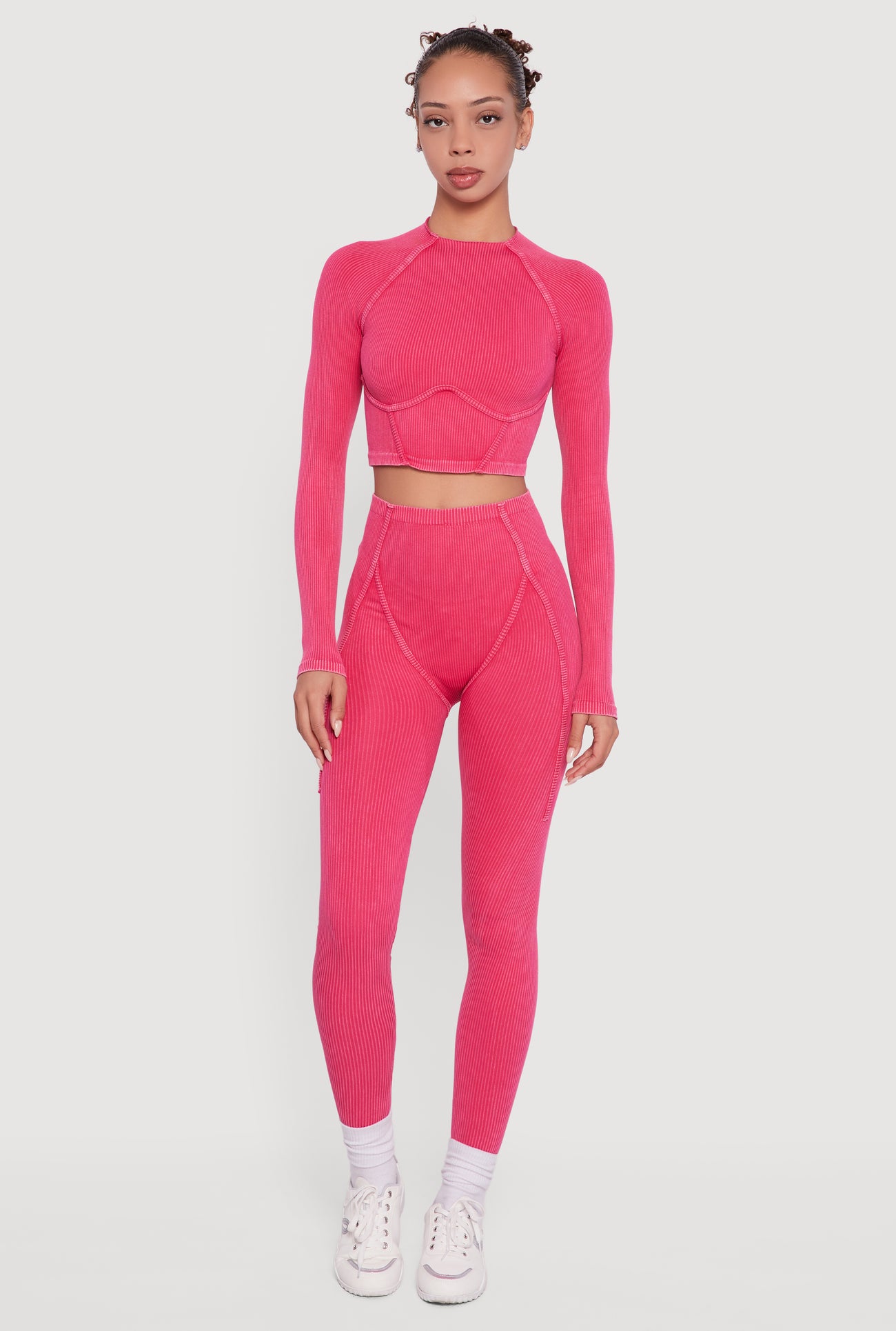 Acid Wash Ribbed Knit Decorative Stitch Active Crop Top