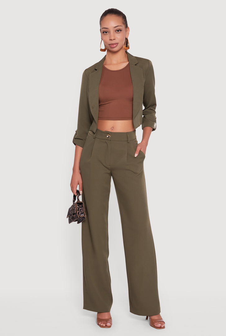 Crepe Knit Pleated Wide Leg Dress Pants