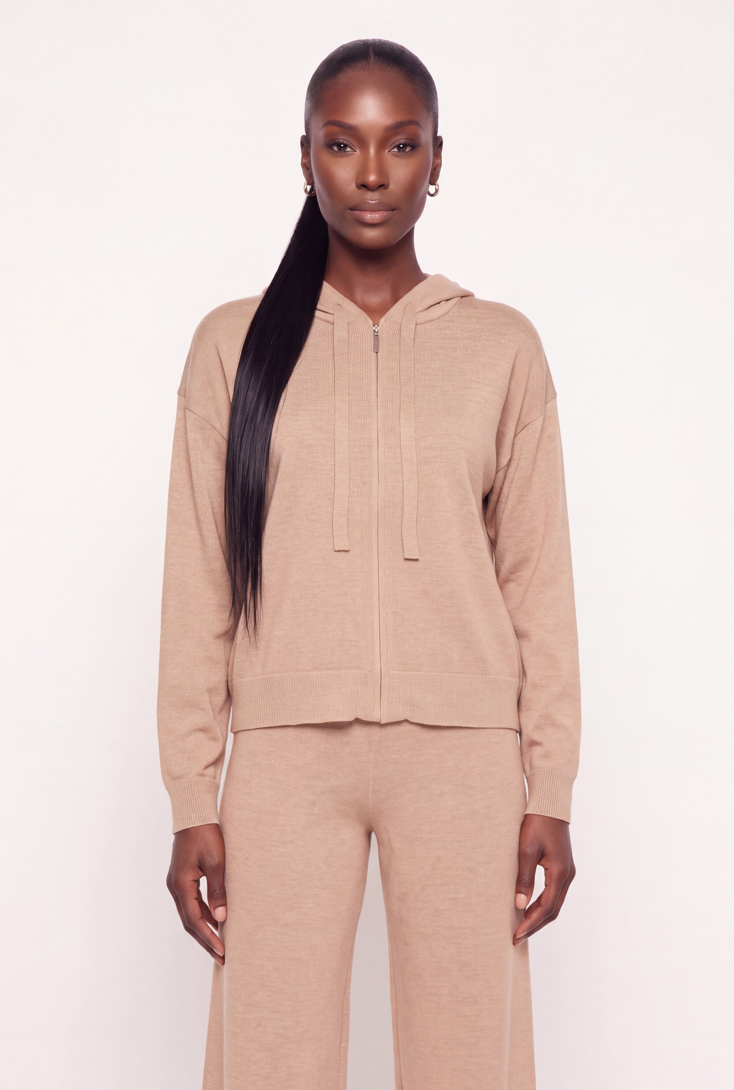 Brushed Knit Zip Front Drawstring Hoodie