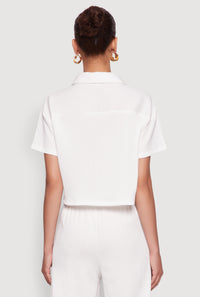 Haute Monde Textured Knit Button Front Cropped Shirt