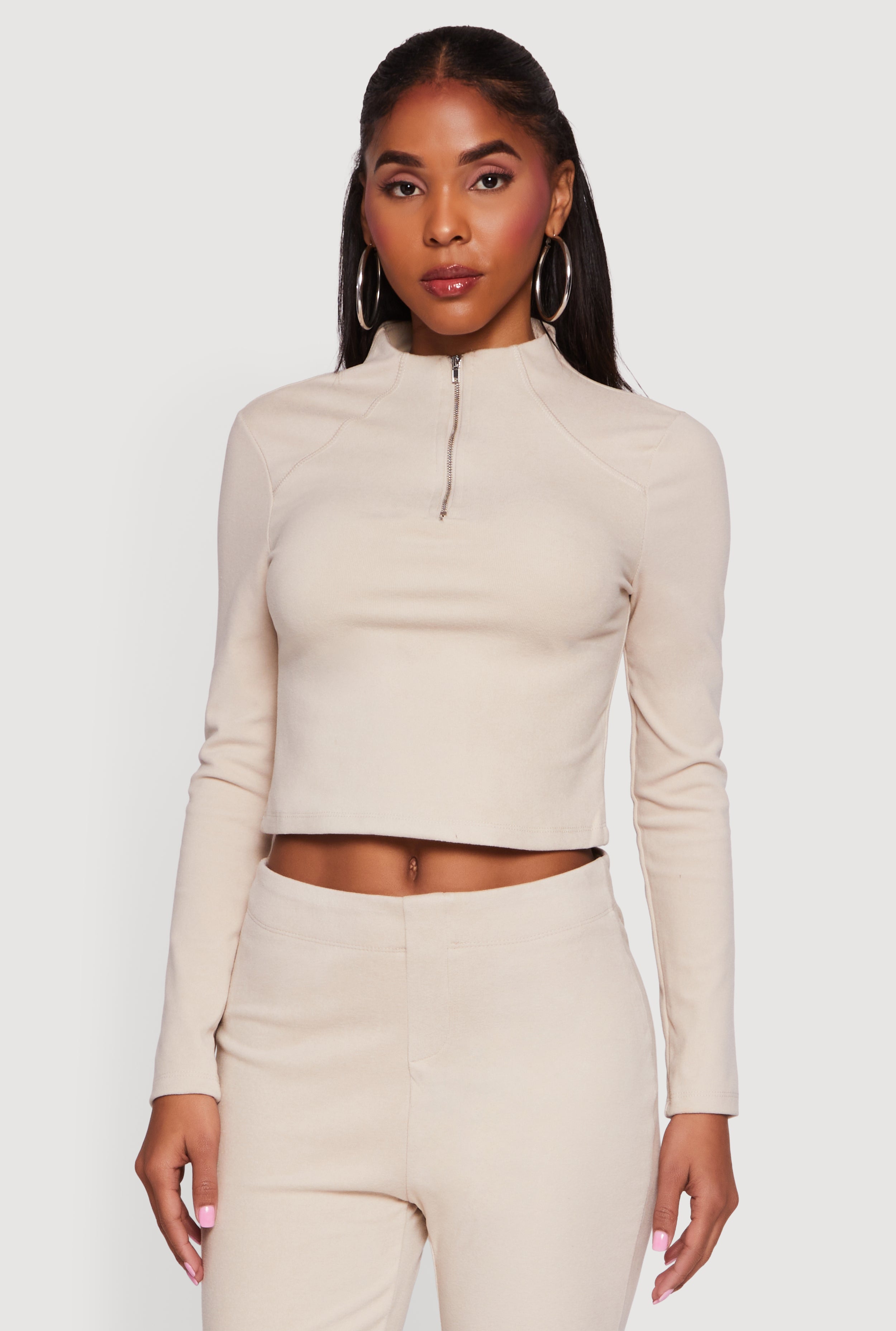 Brushed Rib Knit Long Sleeve Mock Neck Top