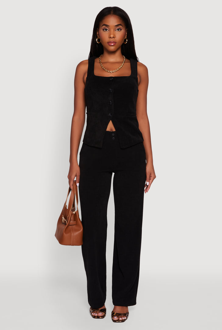 High Waisted Wide Leg Pants with Faux Buttons