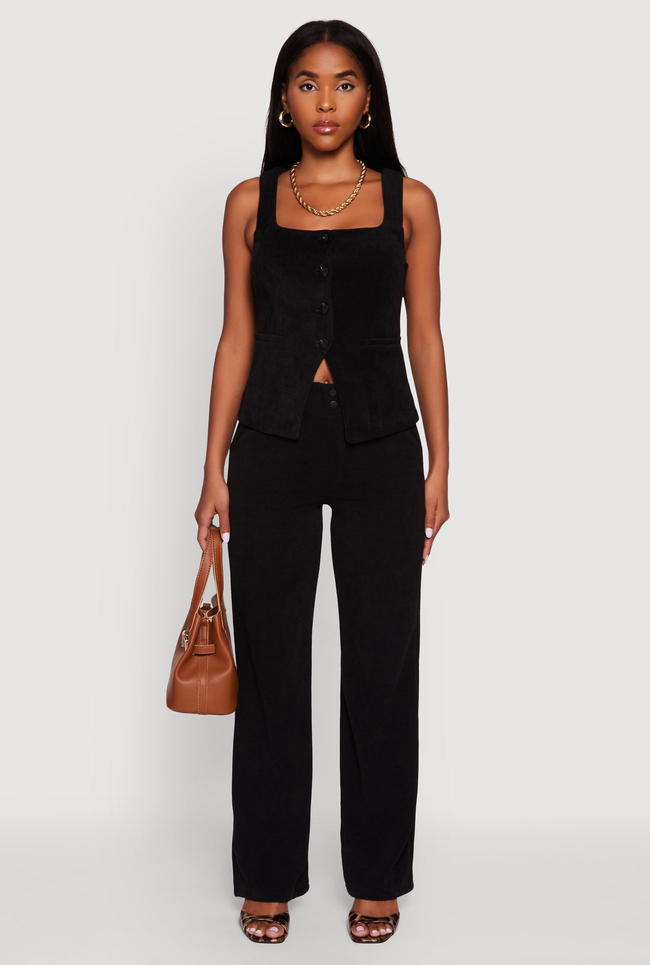 High Waisted Wide Leg Pants with Faux Buttons