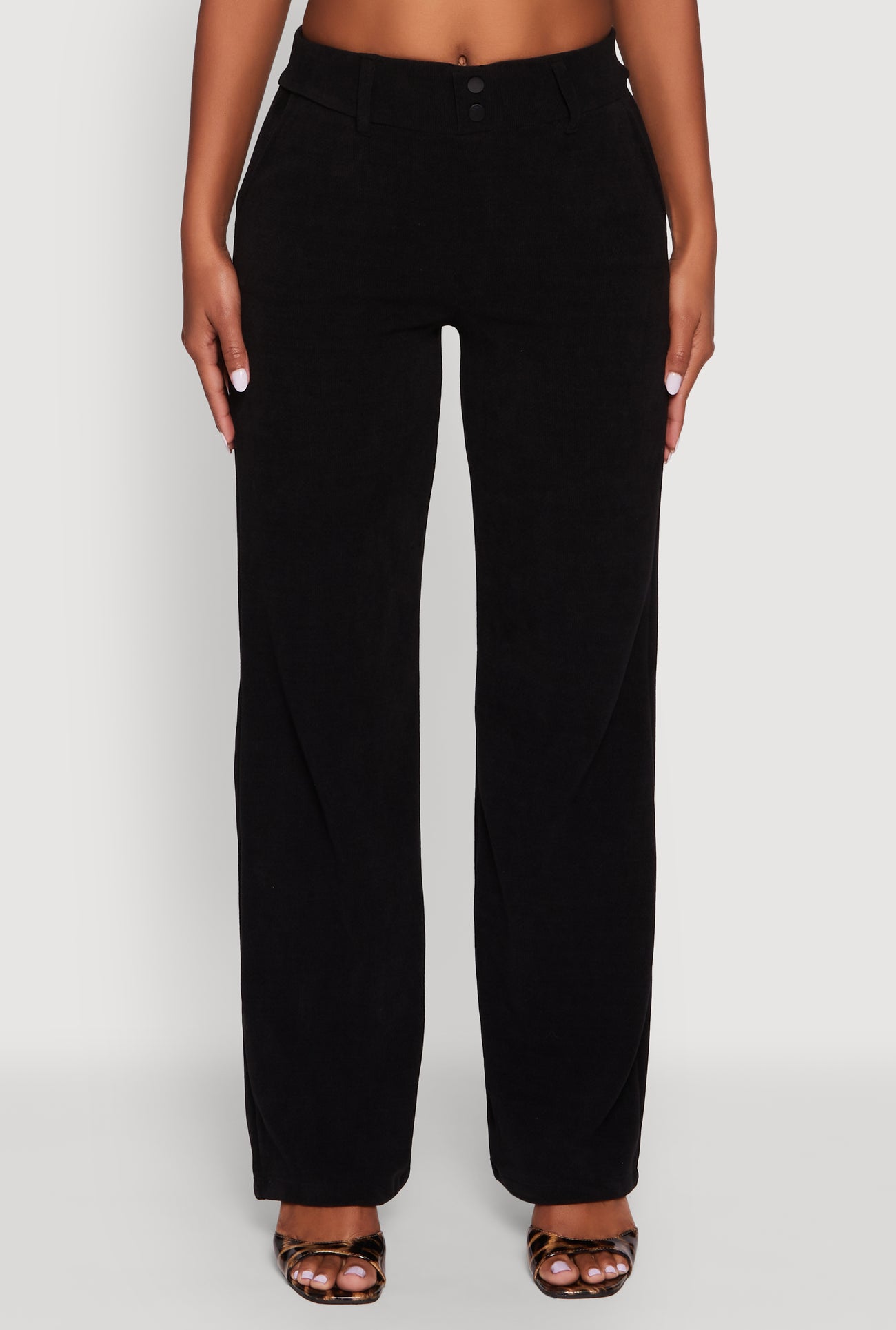 High Waisted Wide Leg Pants with Faux Buttons