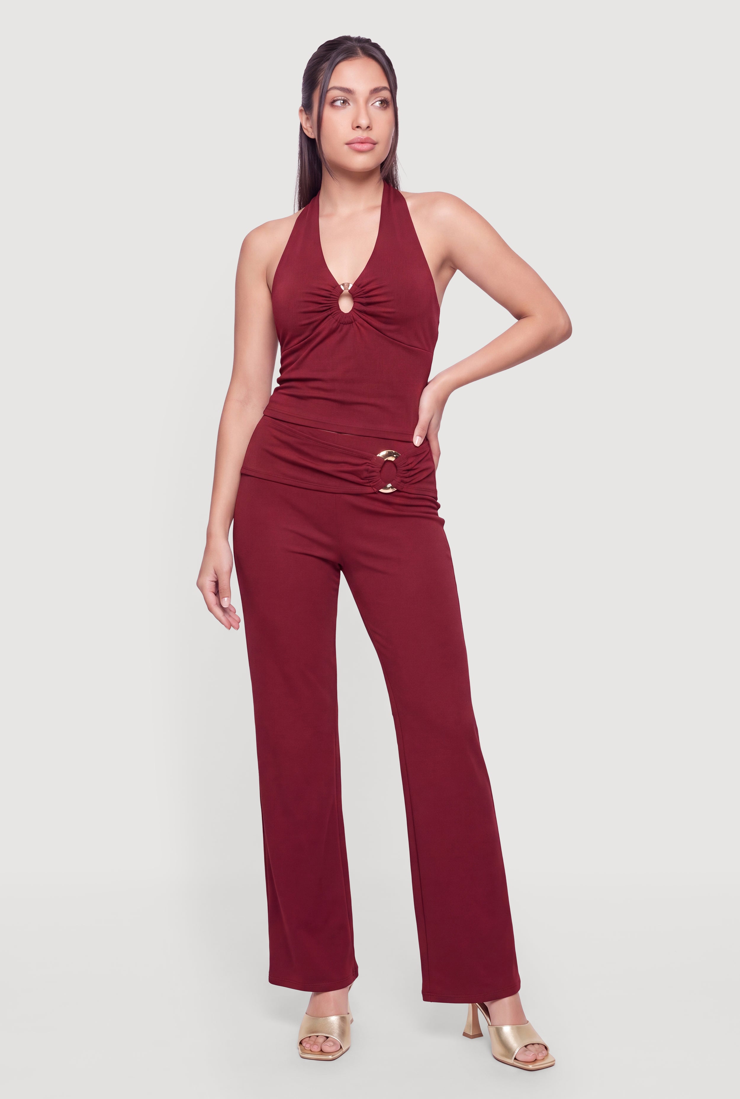 Metallic Waist O Ring Detail Wide Leg Pants