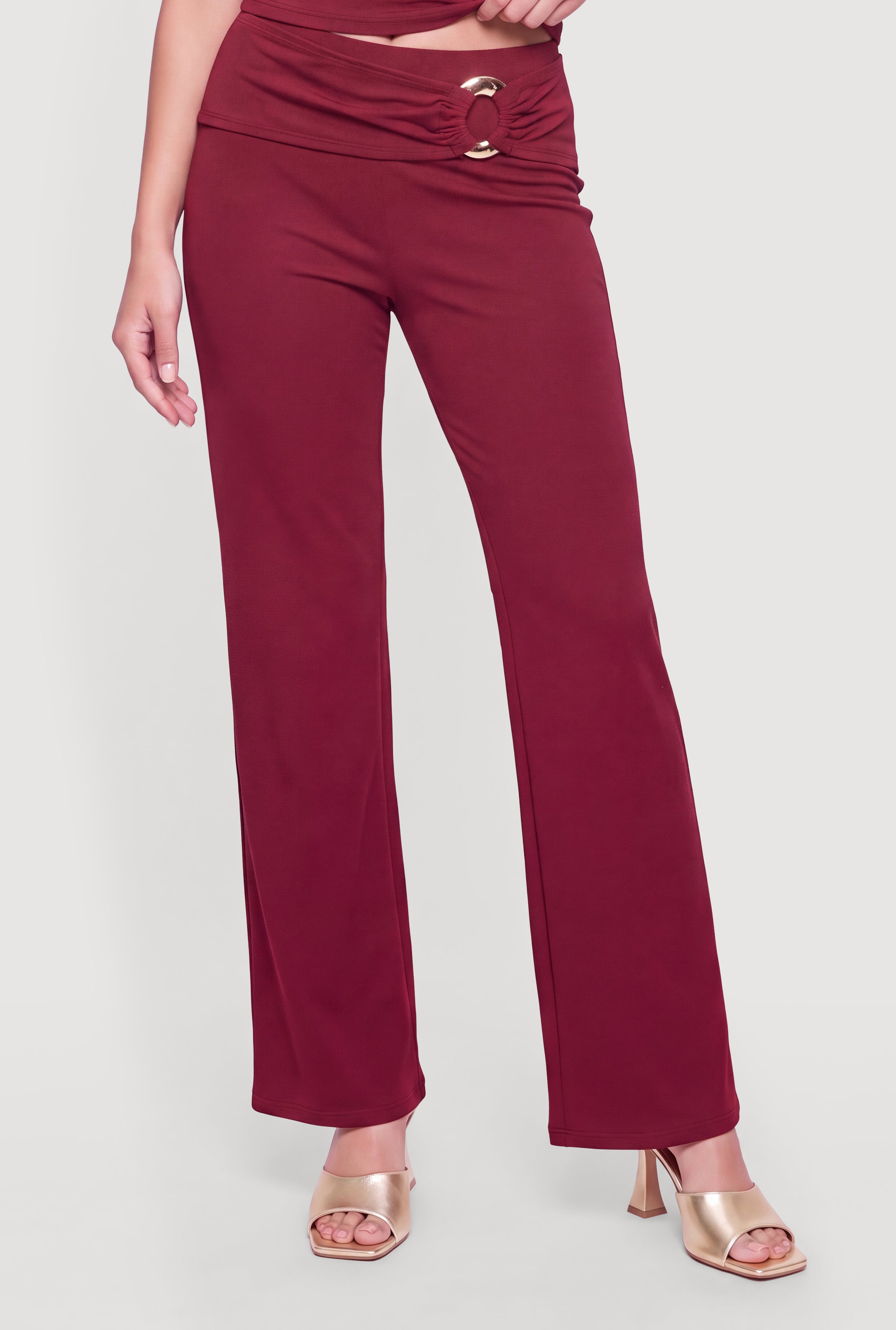 Metallic Waist O Ring Detail Wide Leg Pants