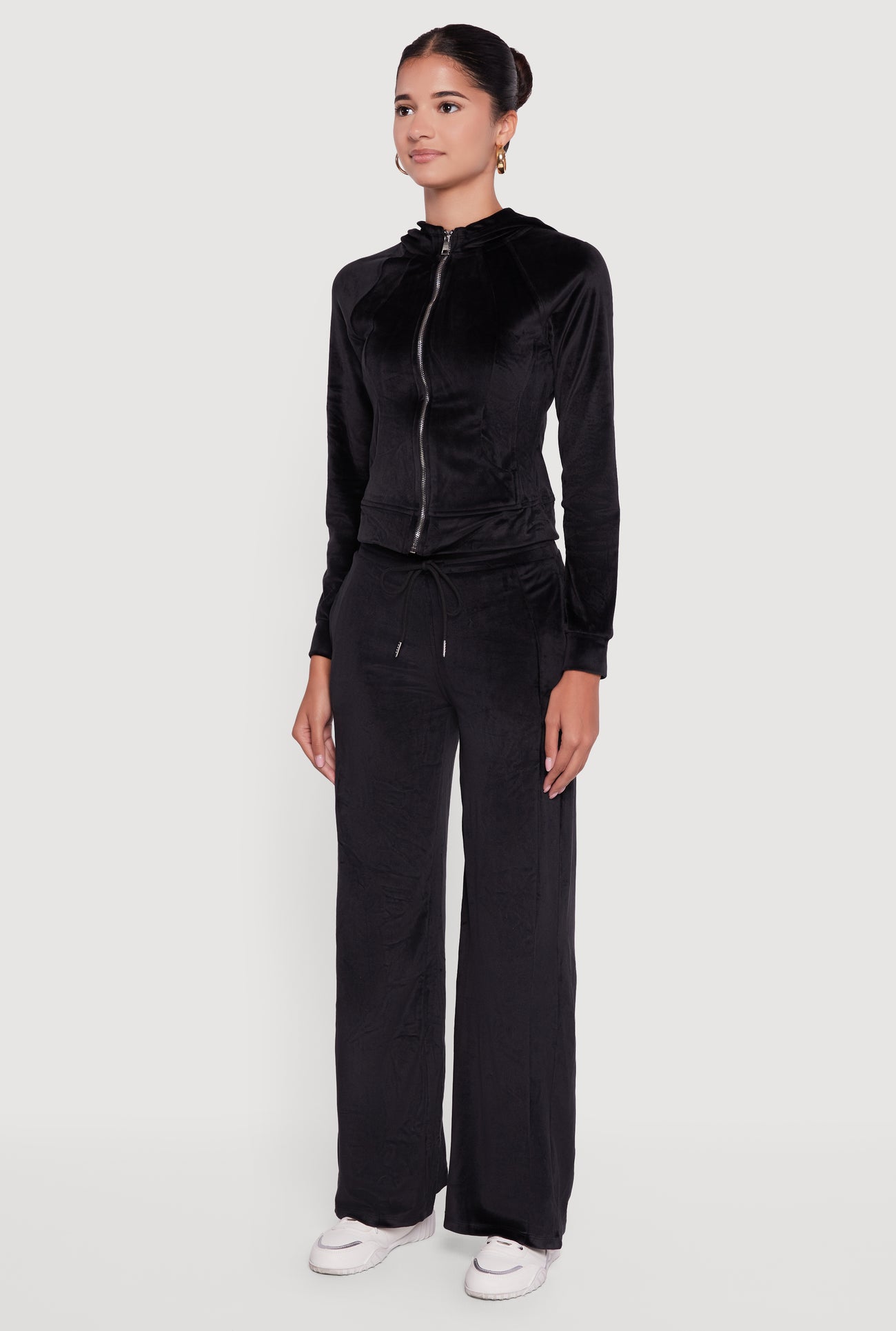 Velour Long Sleeve Solid Zip Front Hoodie