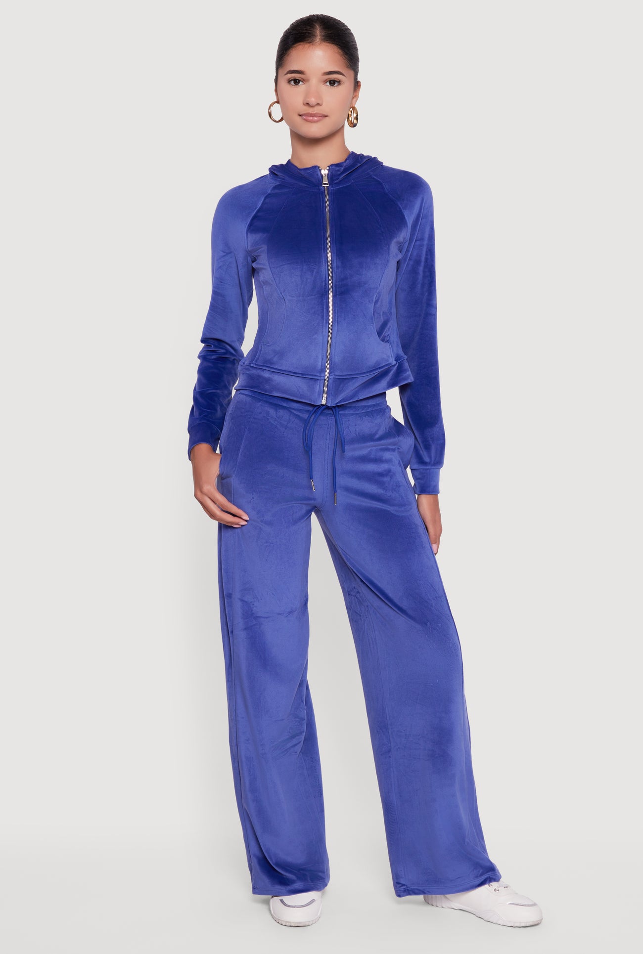 Velour Long Sleeve Solid Zip Front Hoodie