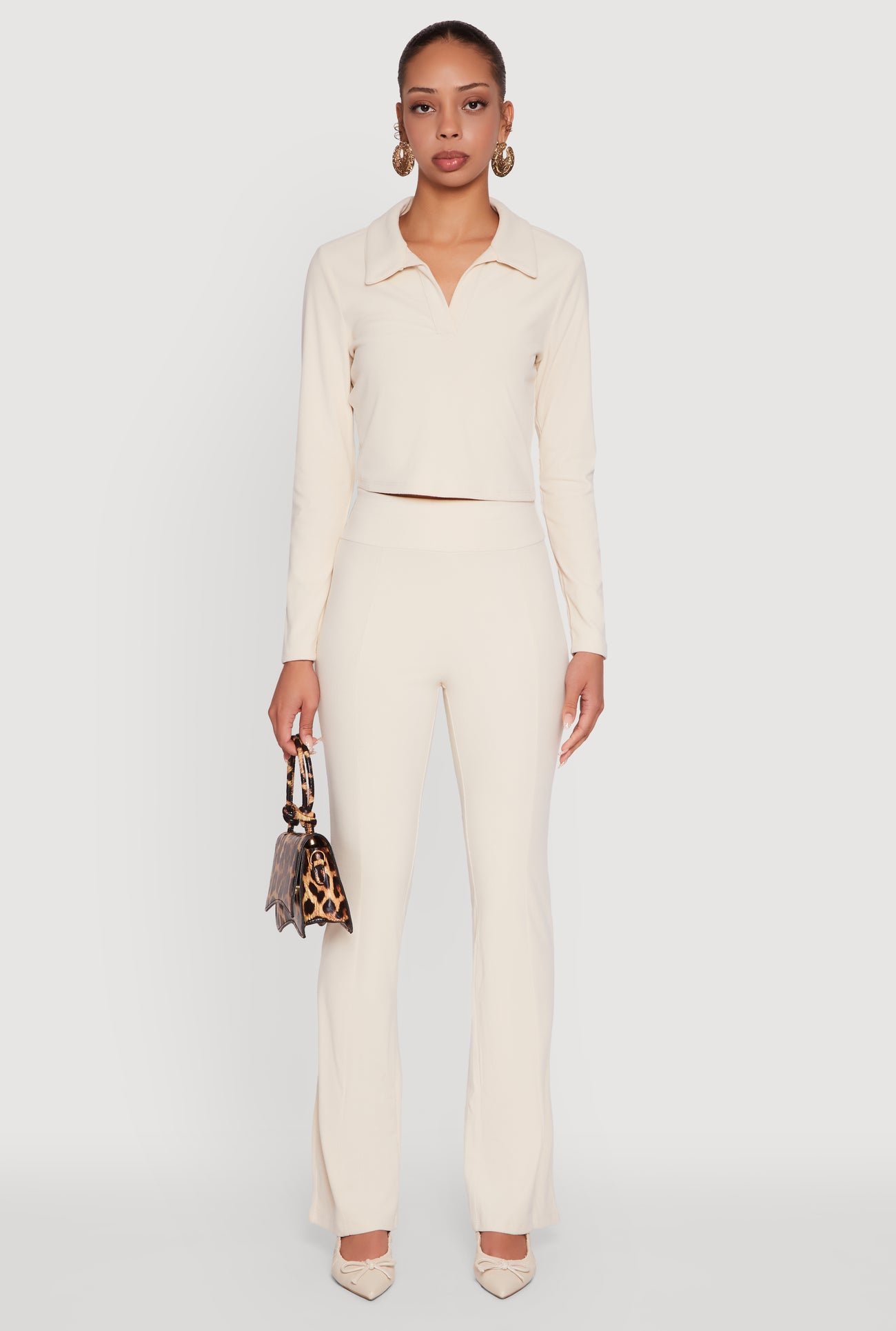 Brushed Knit Cropped Johnny Collar Polo Shirt