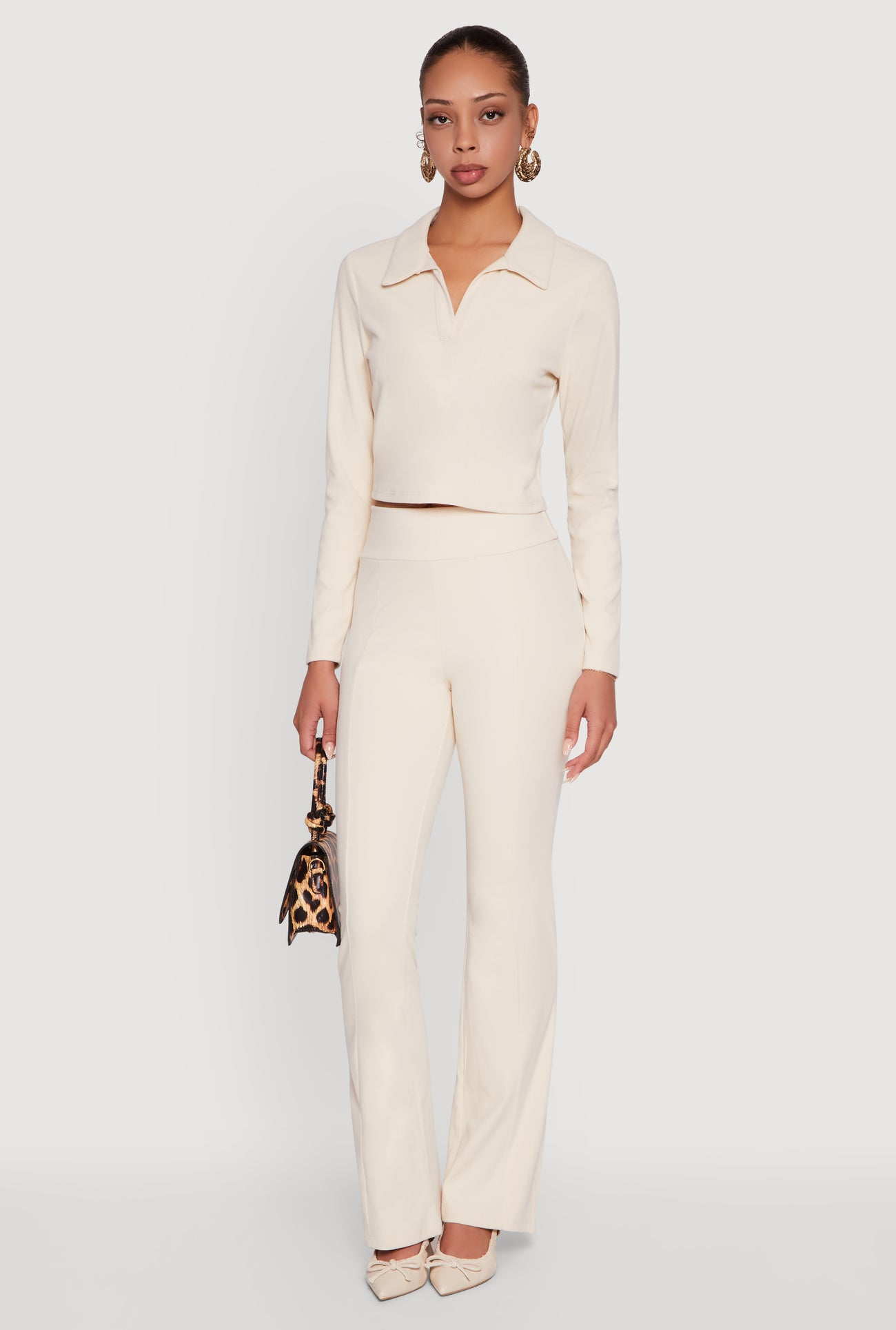 Brushed Knit Cropped Johnny Collar Polo Shirt