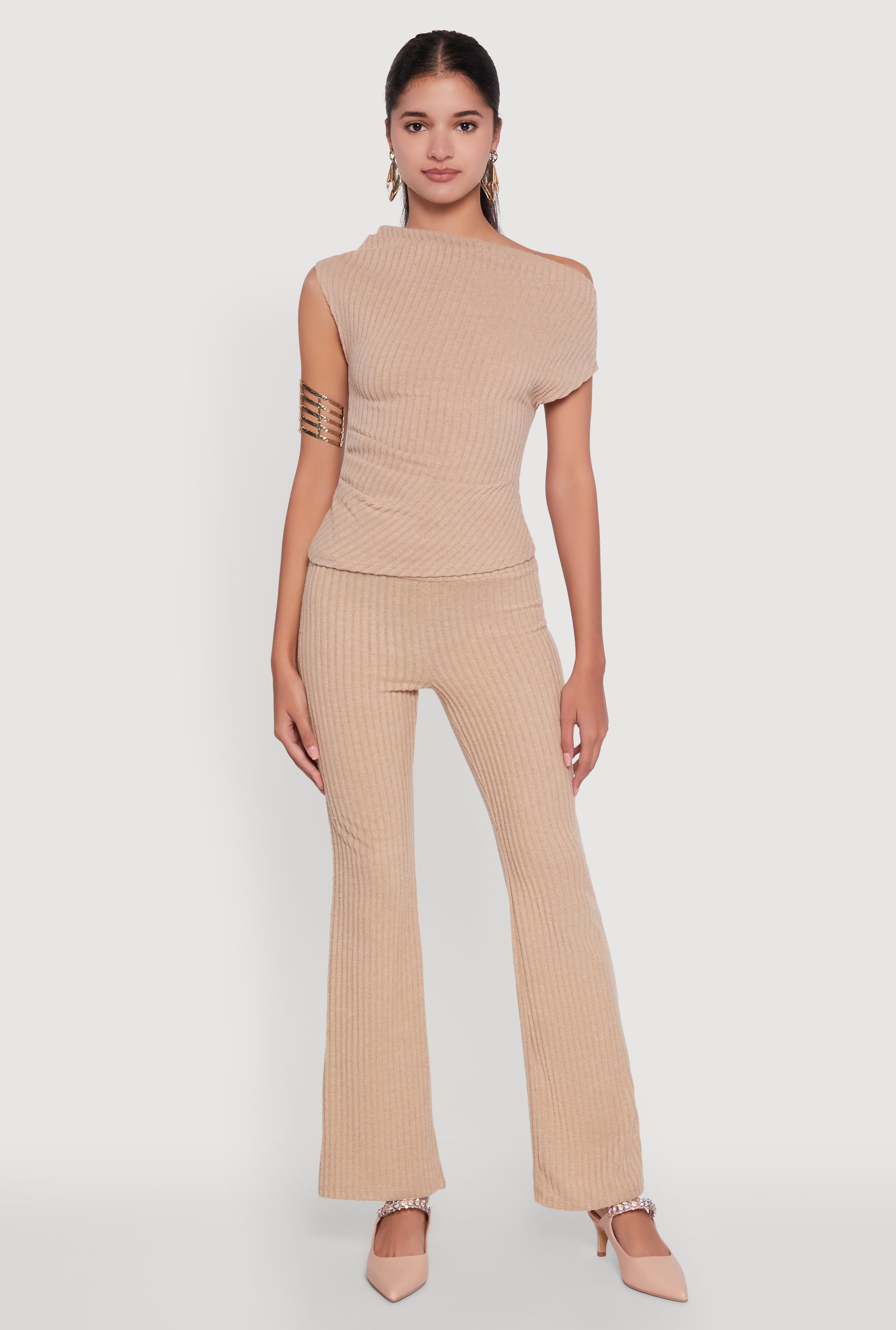 Ribbed Knit Solid Straight Leg Casual Pants