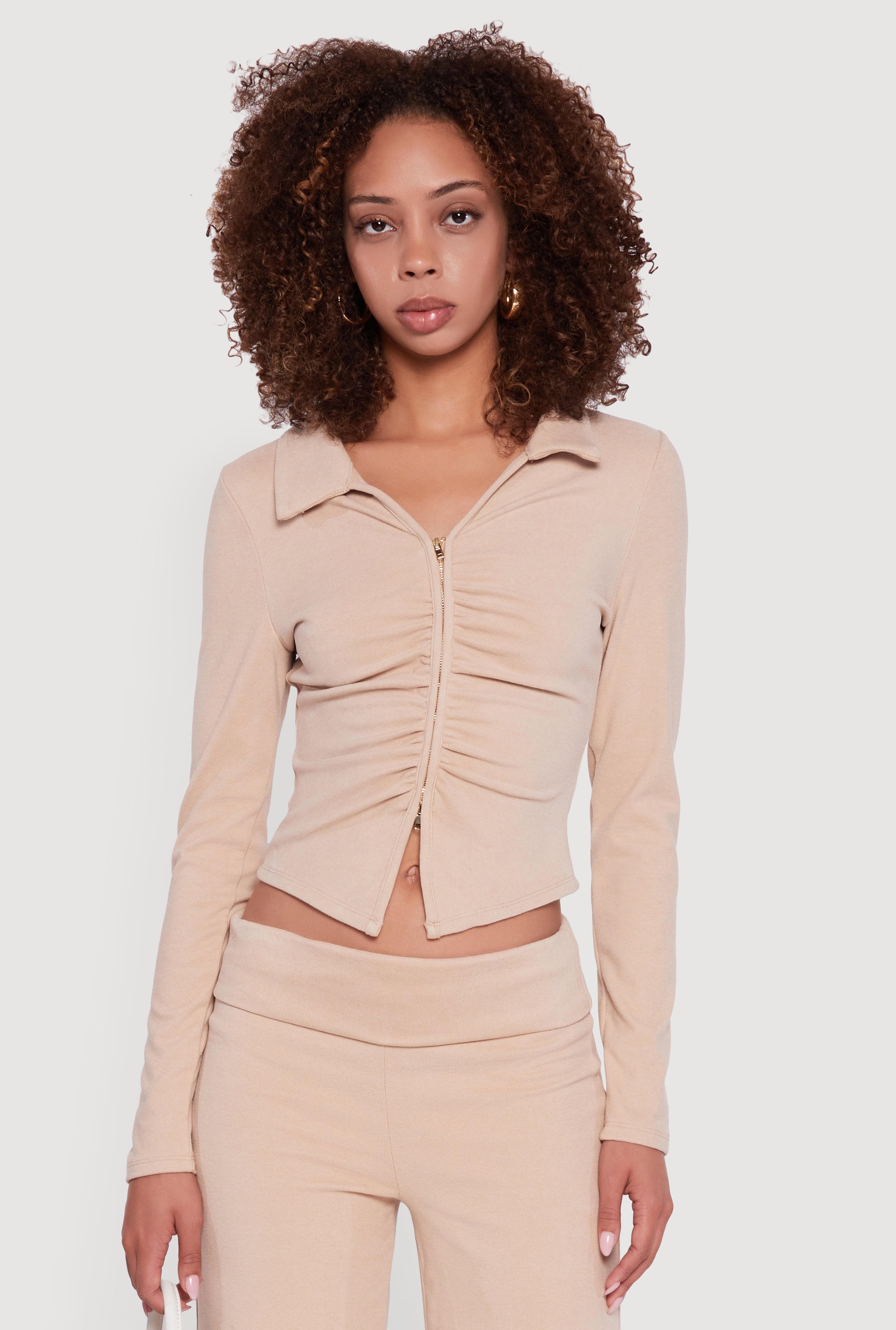Brushed Rib Knit Ruched Double Zip Front Crop Top