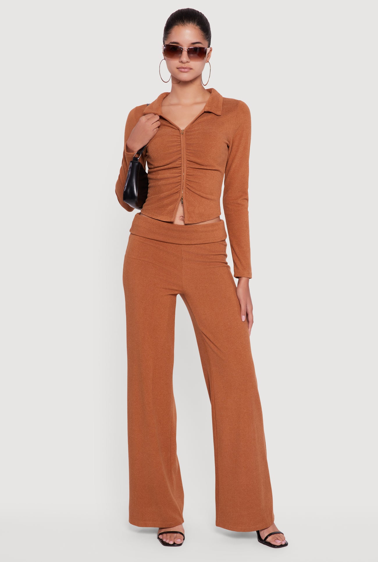 Brushed Rib Knit Ruched Double Zip Front Crop Top