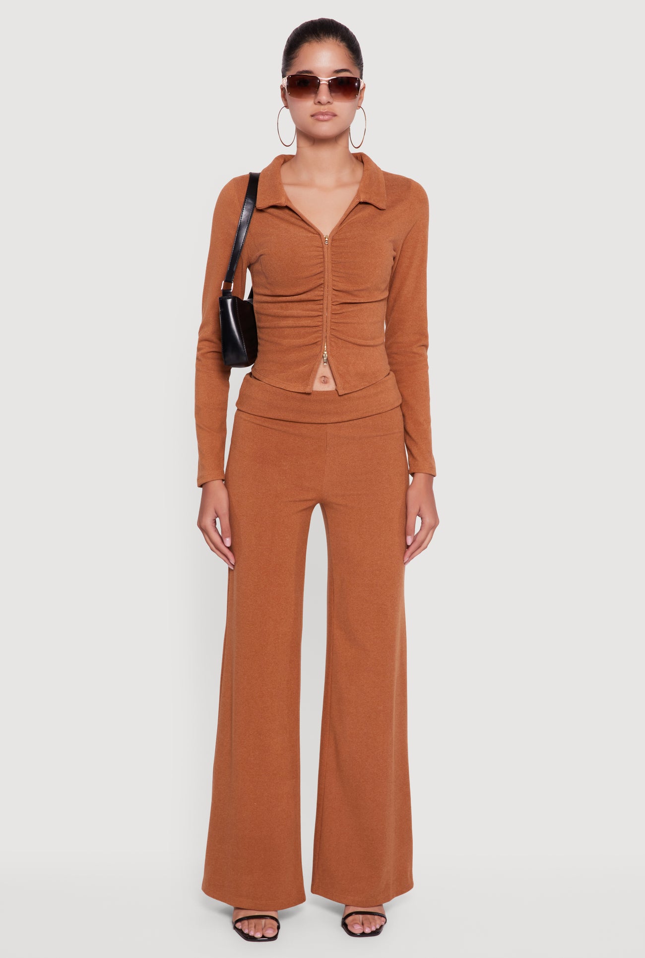 Brushed Rib Knit Ruched Double Zip Front Crop Top