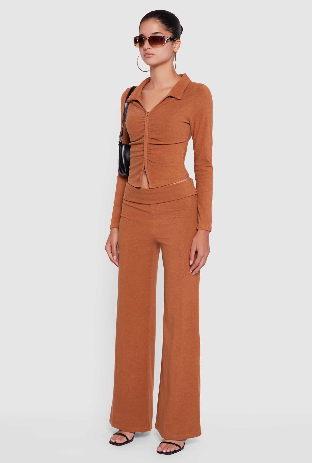Brushed Rib Knit Ruched Double Zip Front Crop Top
