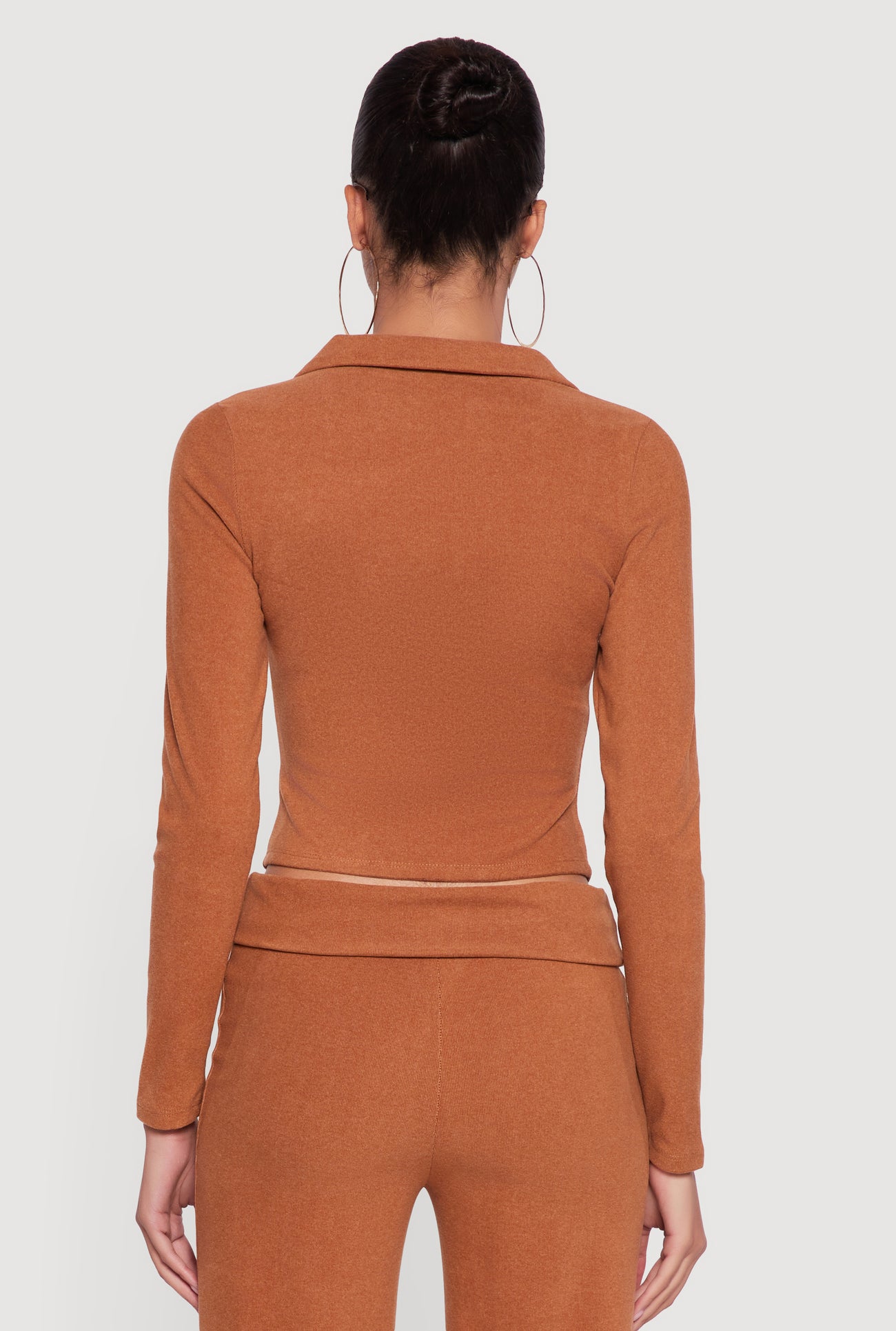 Brushed Rib Knit Ruched Double Zip Front Crop Top