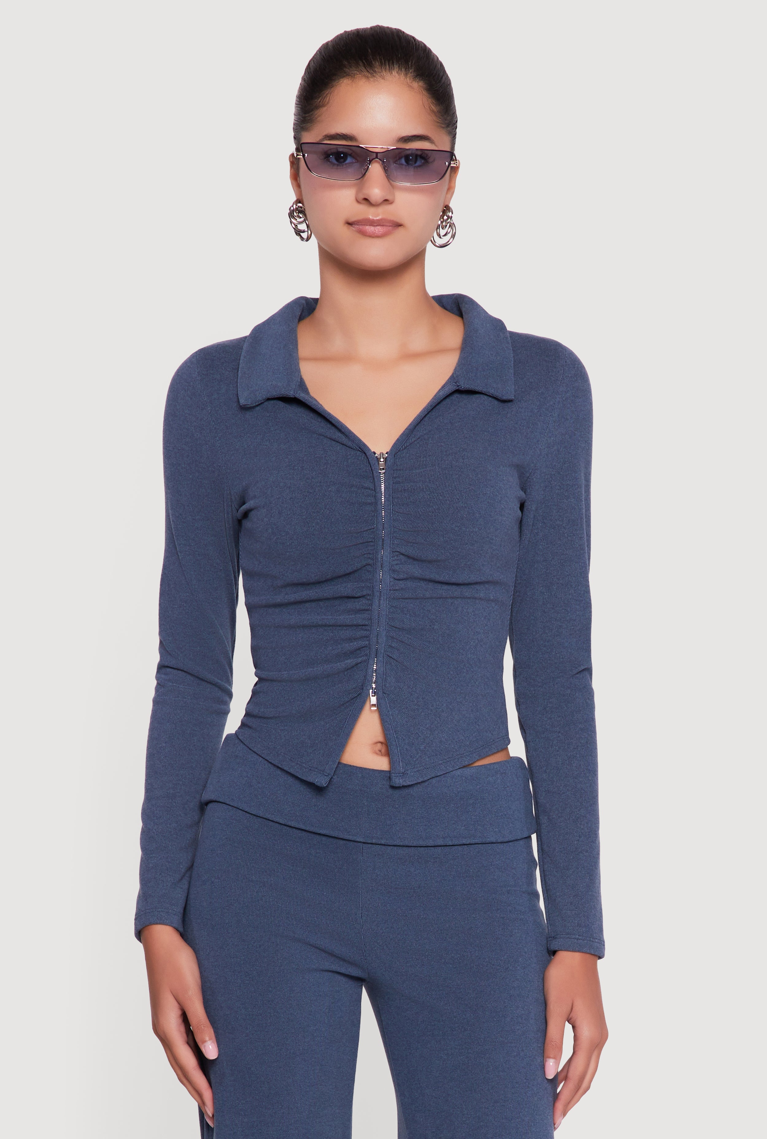 Brushed Rib Knit Ruched Double Zip Front Crop Top