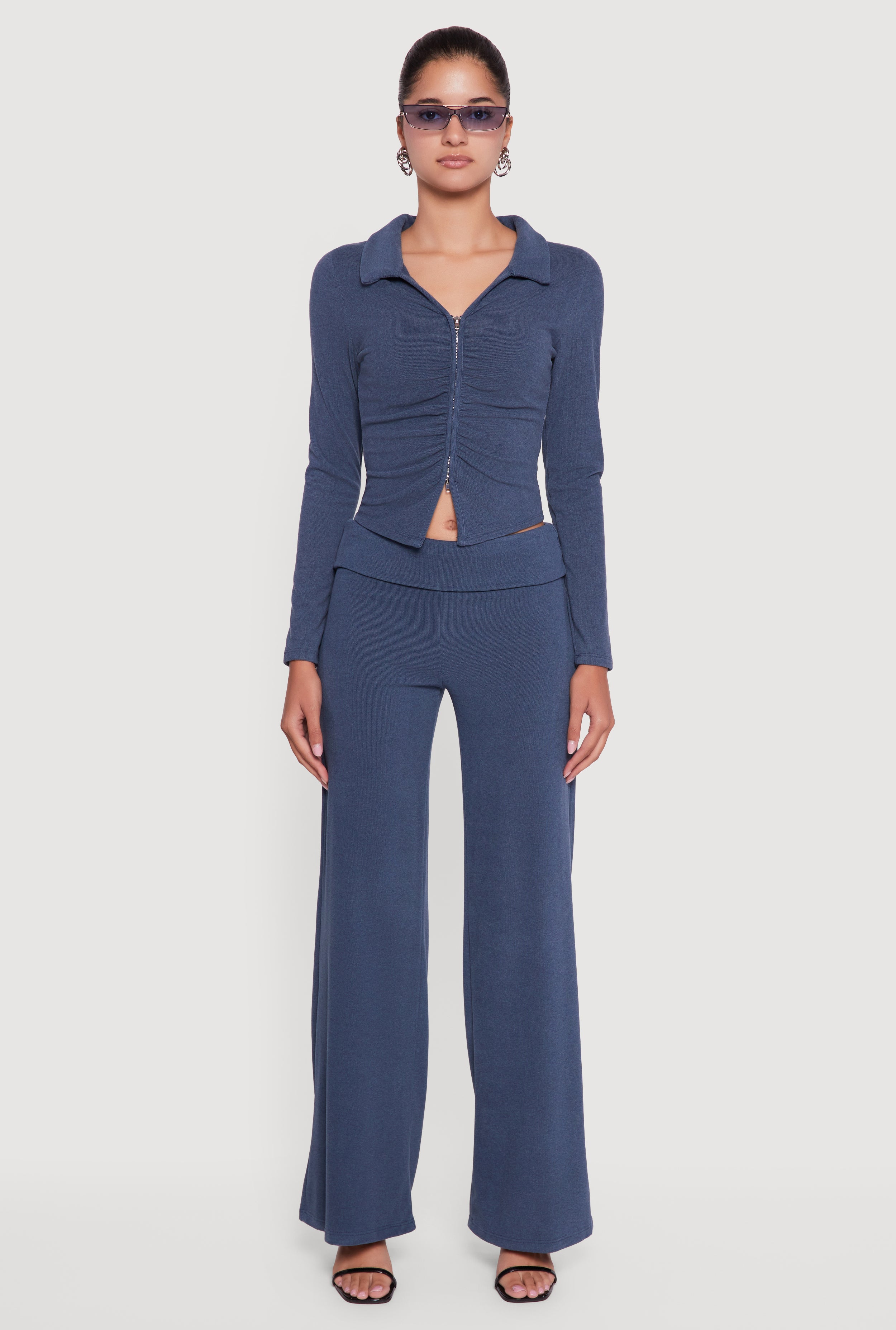 Brushed Rib Knit Ruched Double Zip Front Crop Top