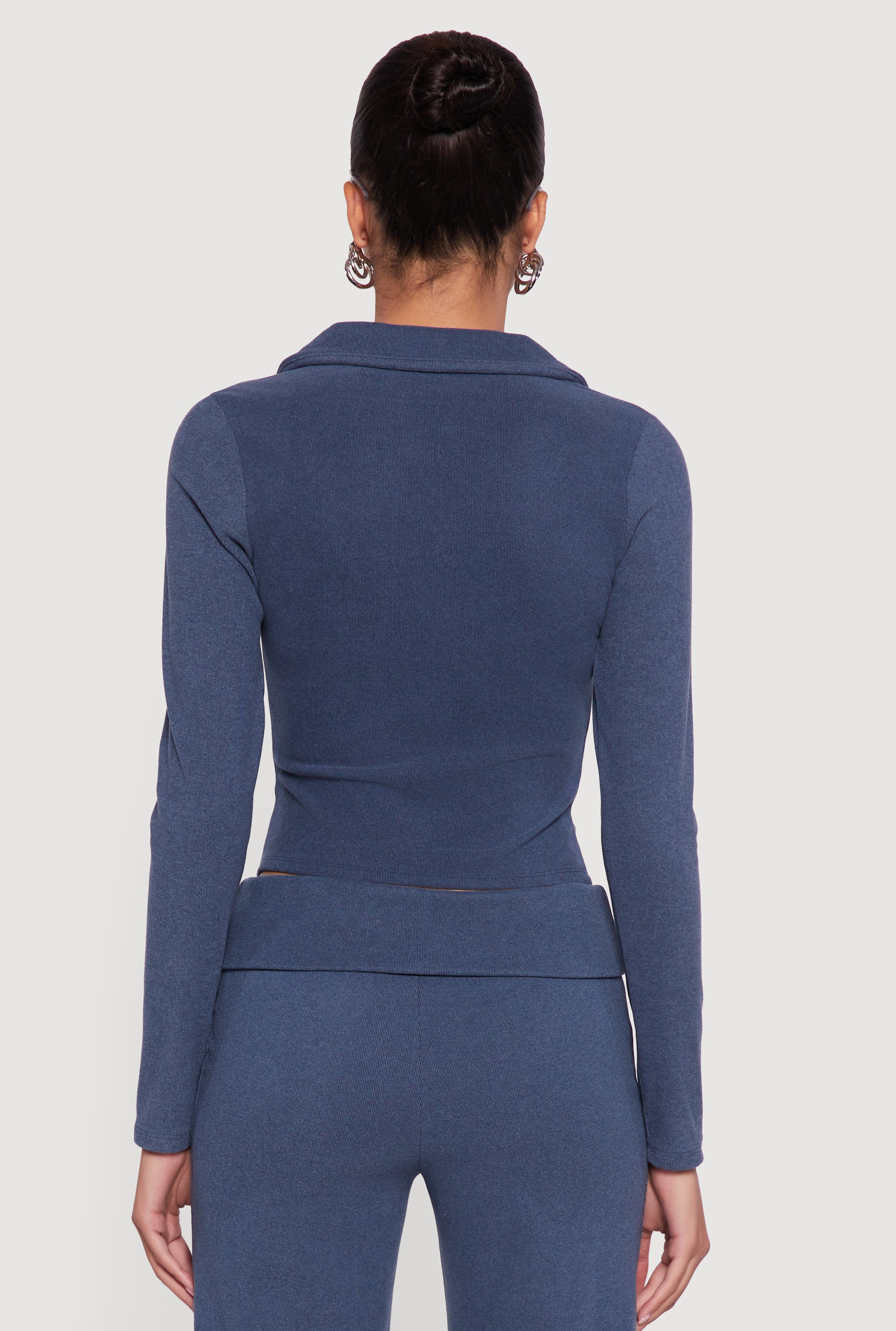 Brushed Rib Knit Ruched Double Zip Front Crop Top