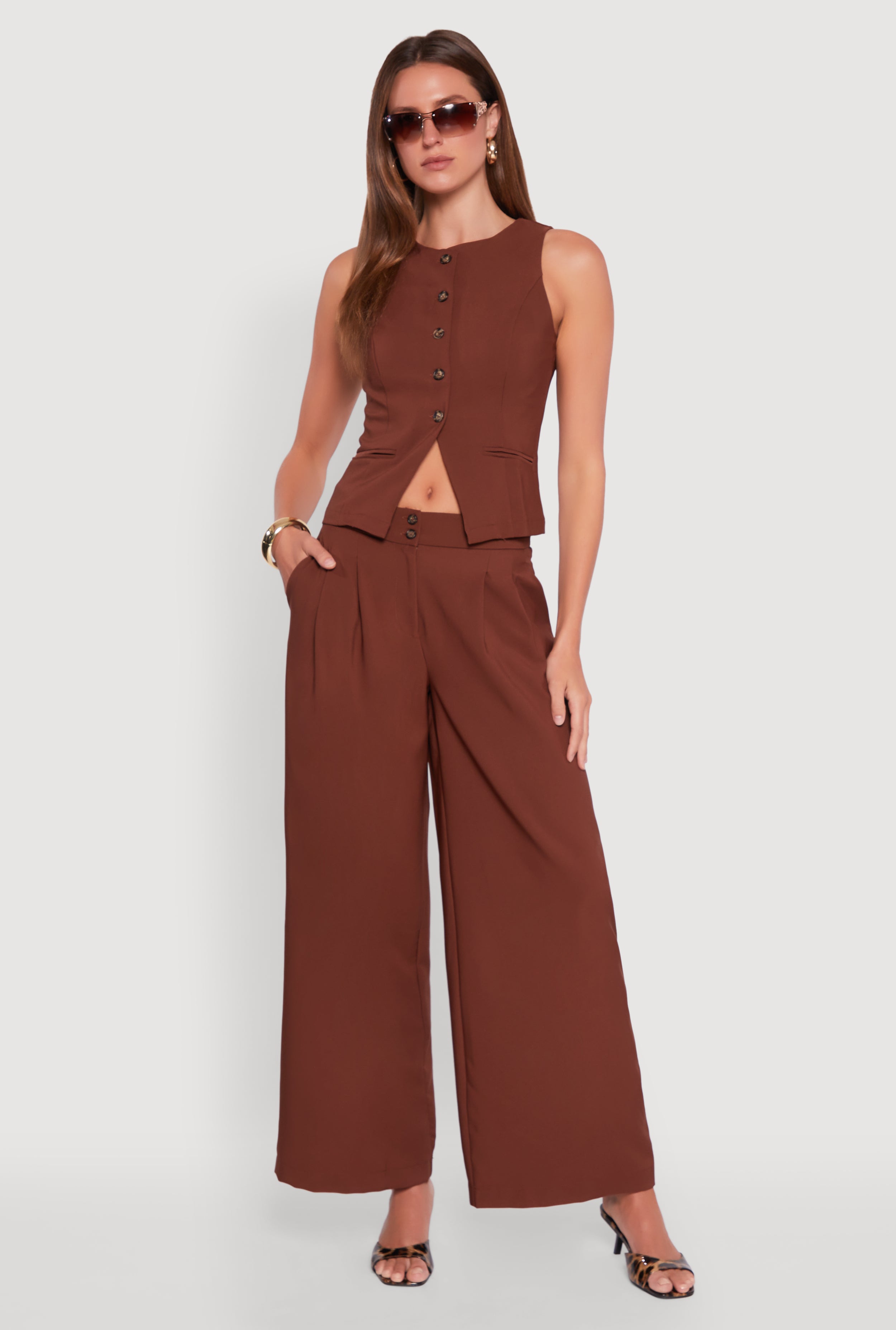 Solid Crepe Knit Pleated Detail Wide Leg Trousers