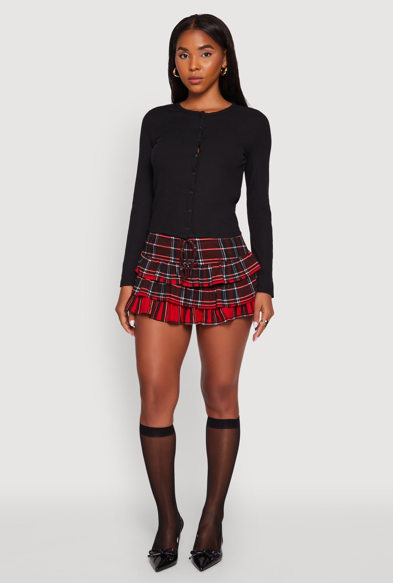 Plaid Drawstring Waist Tiered Mini Skirt