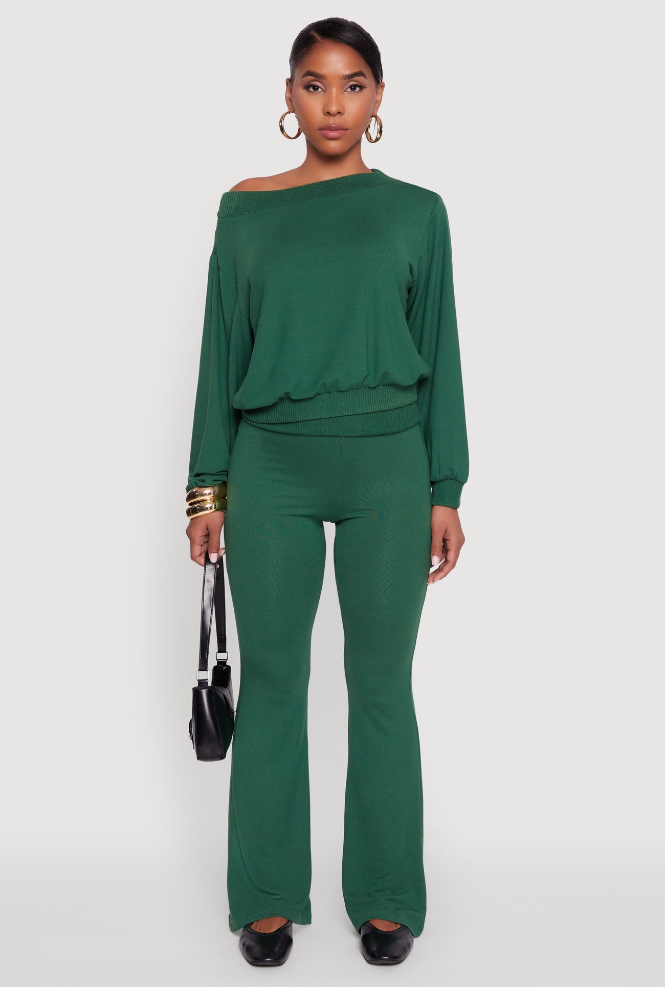 Brushed Knit Fold Over Flare Pants