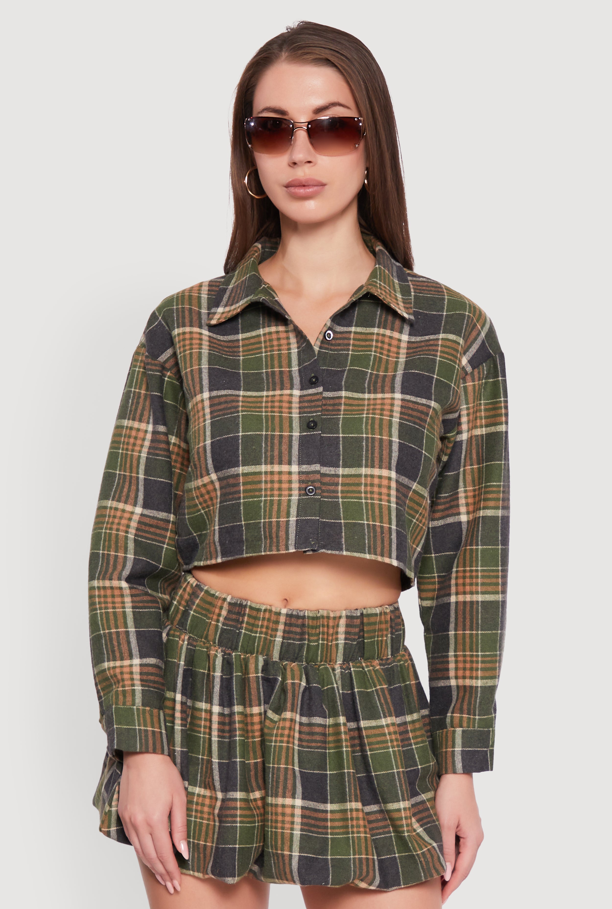 Plaid Flannel Cropped Long Sleeve Shirt