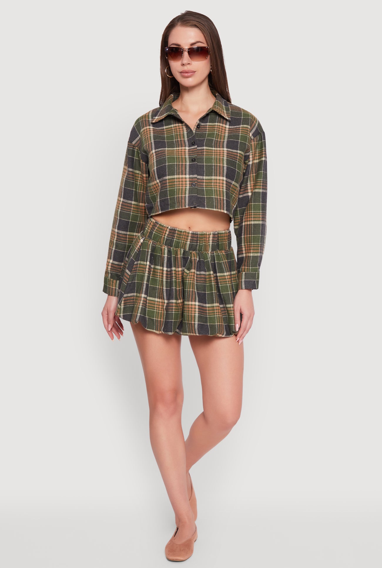 Plaid Flannel Cropped Long Sleeve Shirt