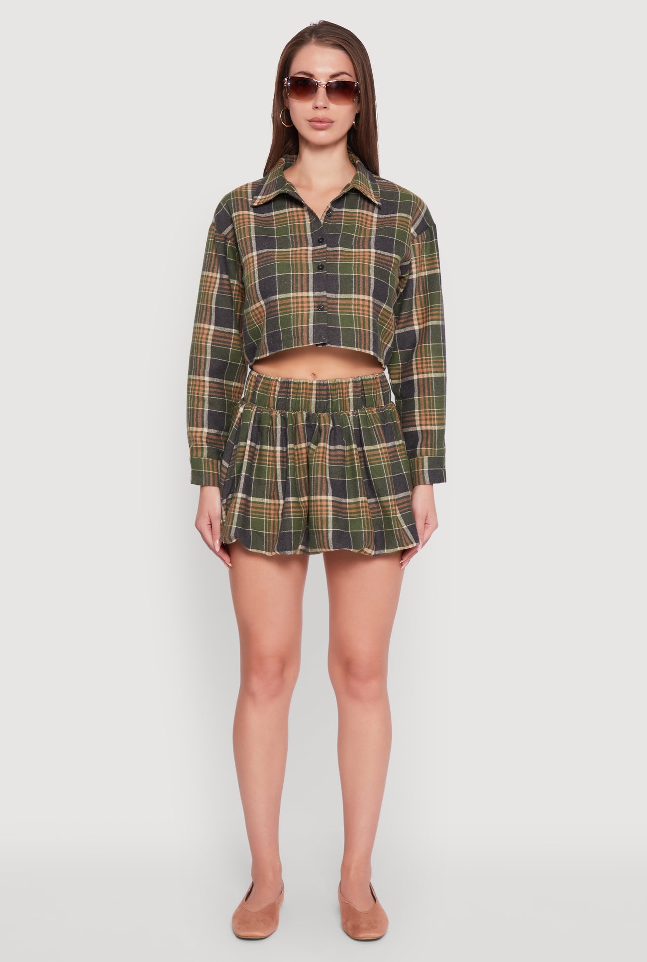 Plaid Flannel Cropped Long Sleeve Shirt