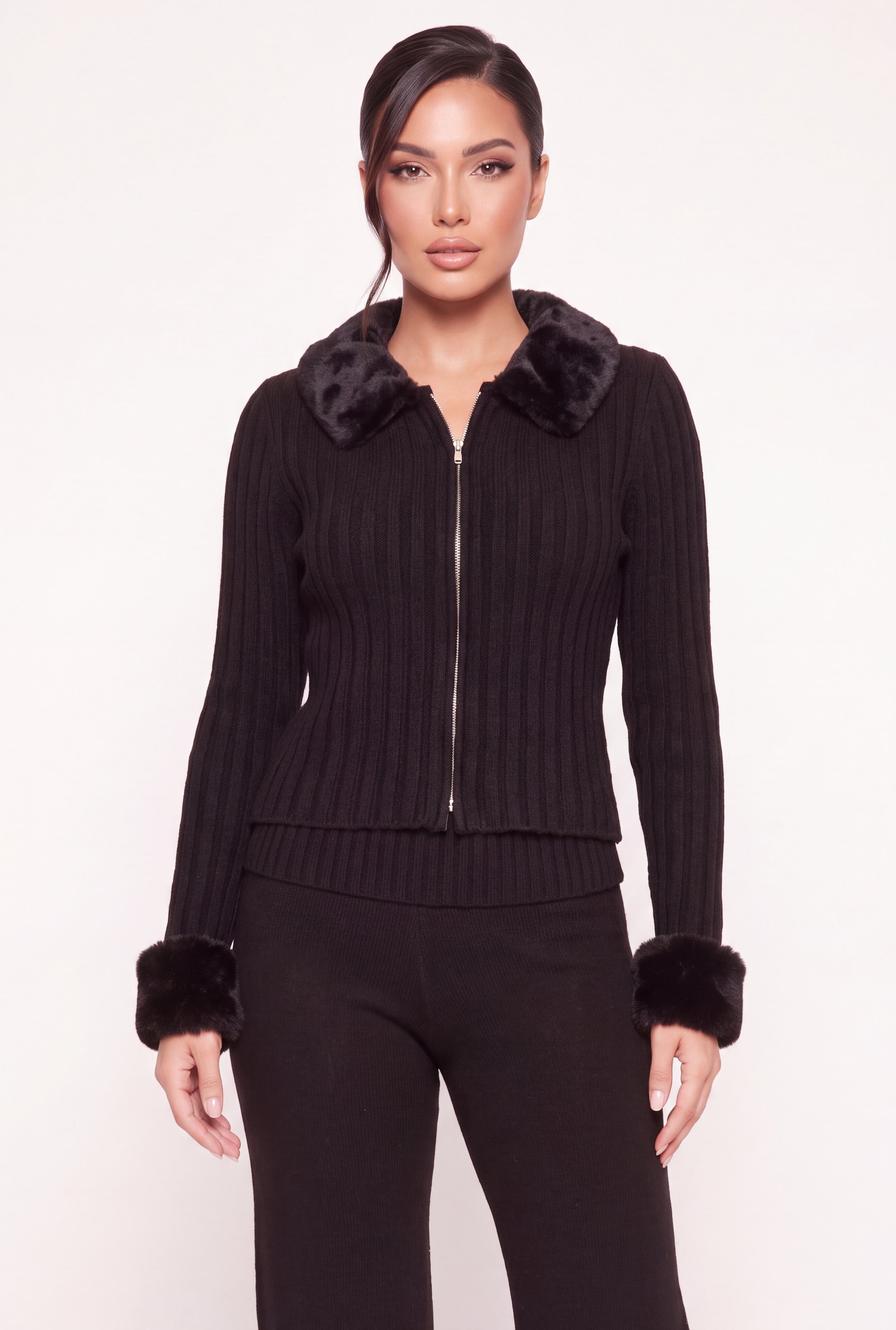 Removable Faux Fur Trim Zip Front Sweater