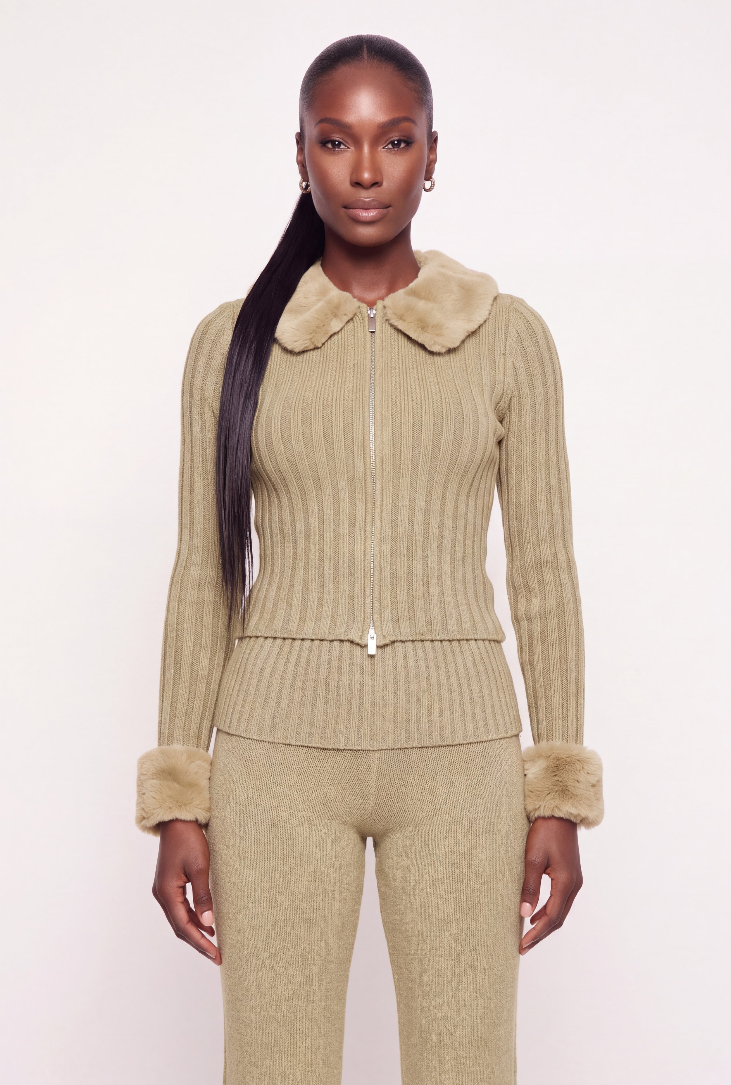 Removable Faux Fur Trim Zip Front Sweater
