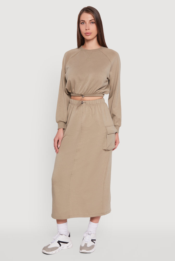 Fleece Toggle Drawstring Cargo Pocket Midi Skirt