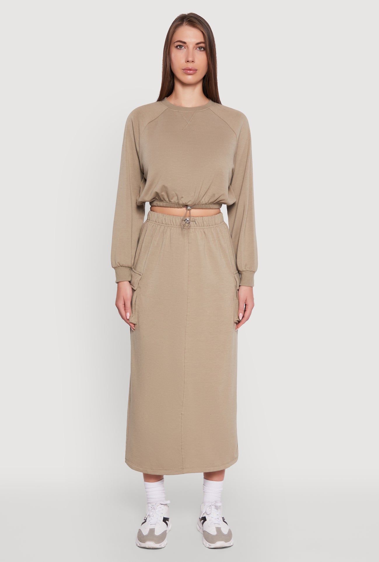 Fleece Toggle Drawstring Cargo Pocket Midi Skirt