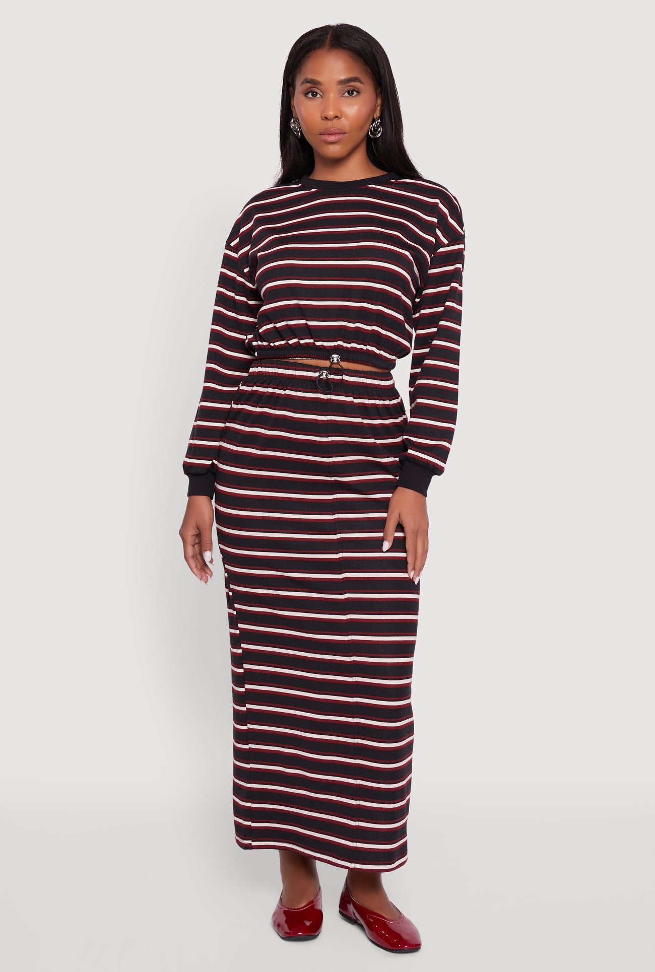 Striped Cropped Toggle Drawstring Hem Sweatshirt