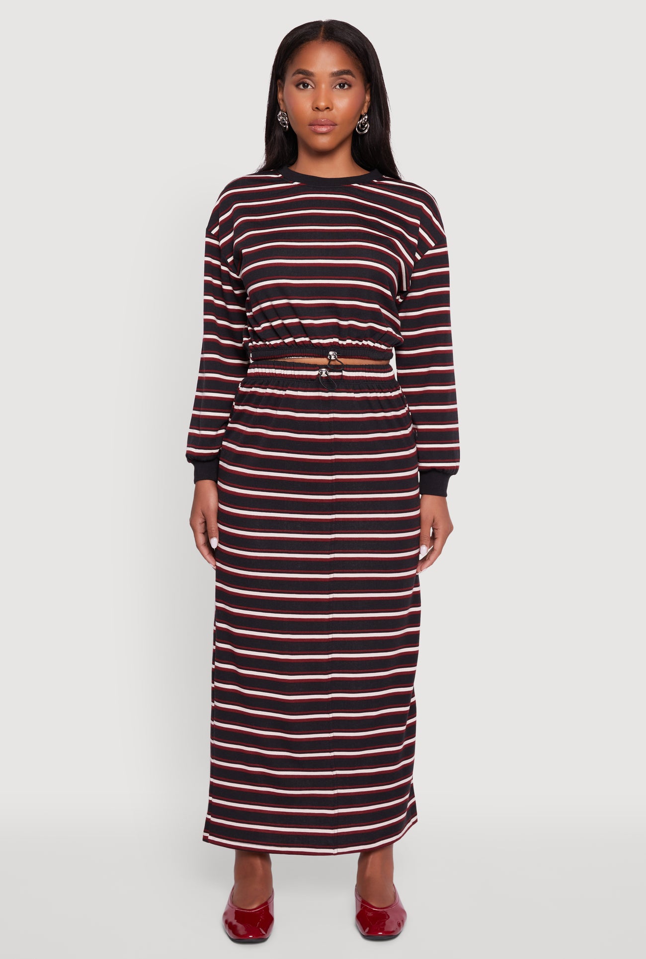 Striped Cropped Toggle Drawstring Hem Sweatshirt