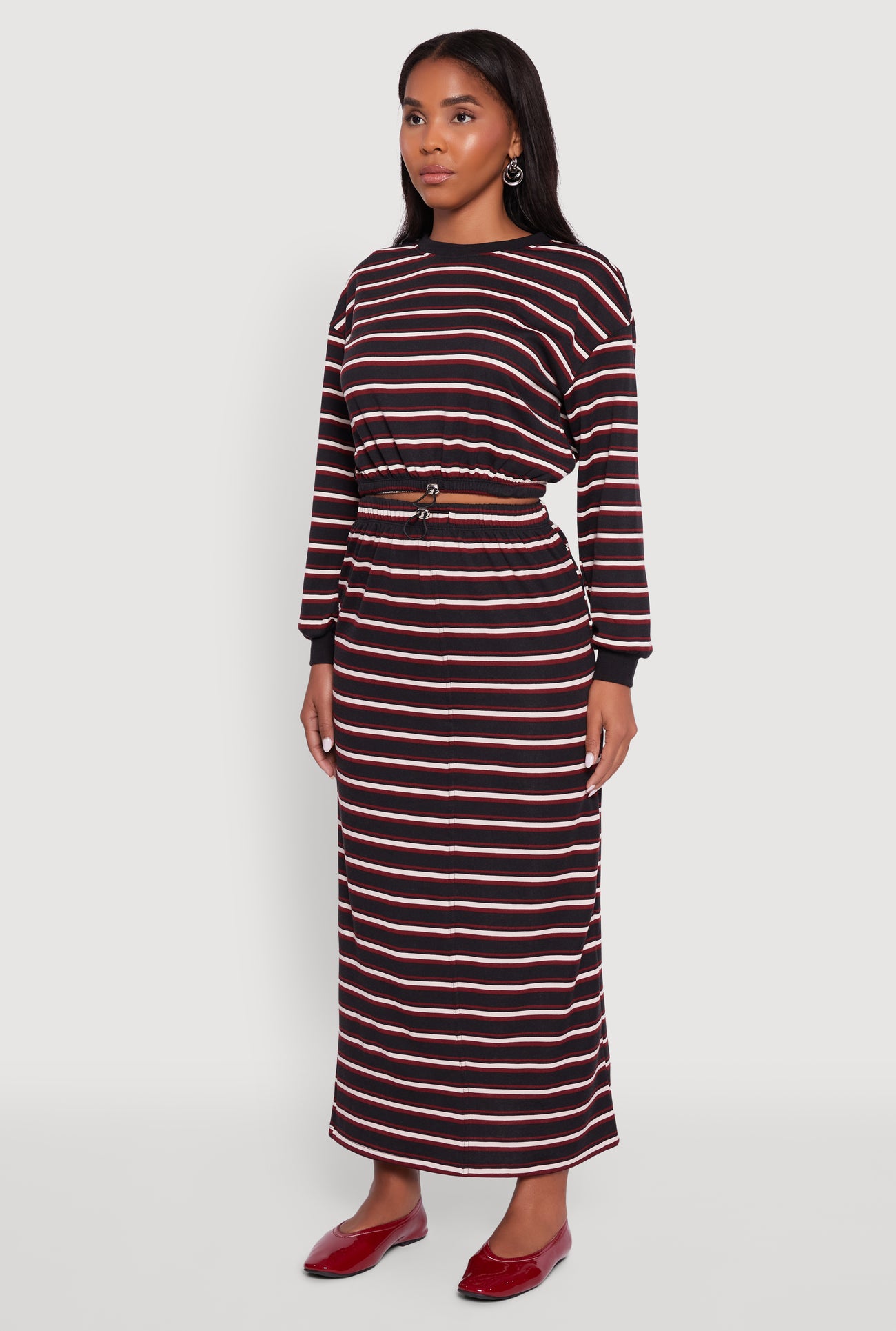 Striped Cropped Toggle Drawstring Hem Sweatshirt