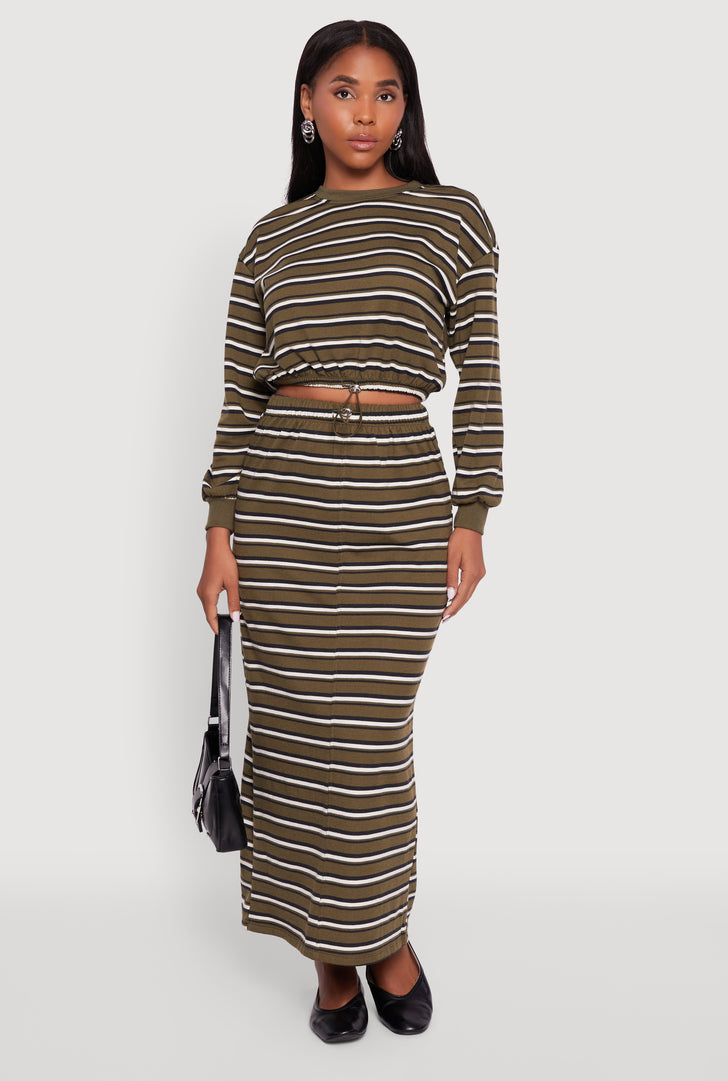 Striped Toggle Drawstring Waist Slit Back Maxi Skirt