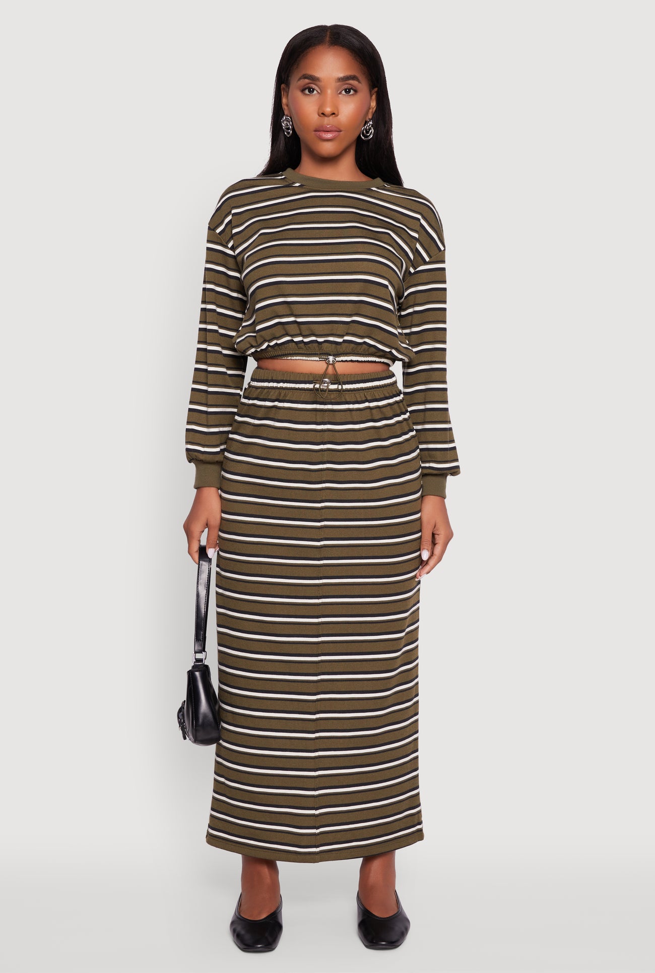 Striped Toggle Drawstring Waist Slit Back Maxi Skirt