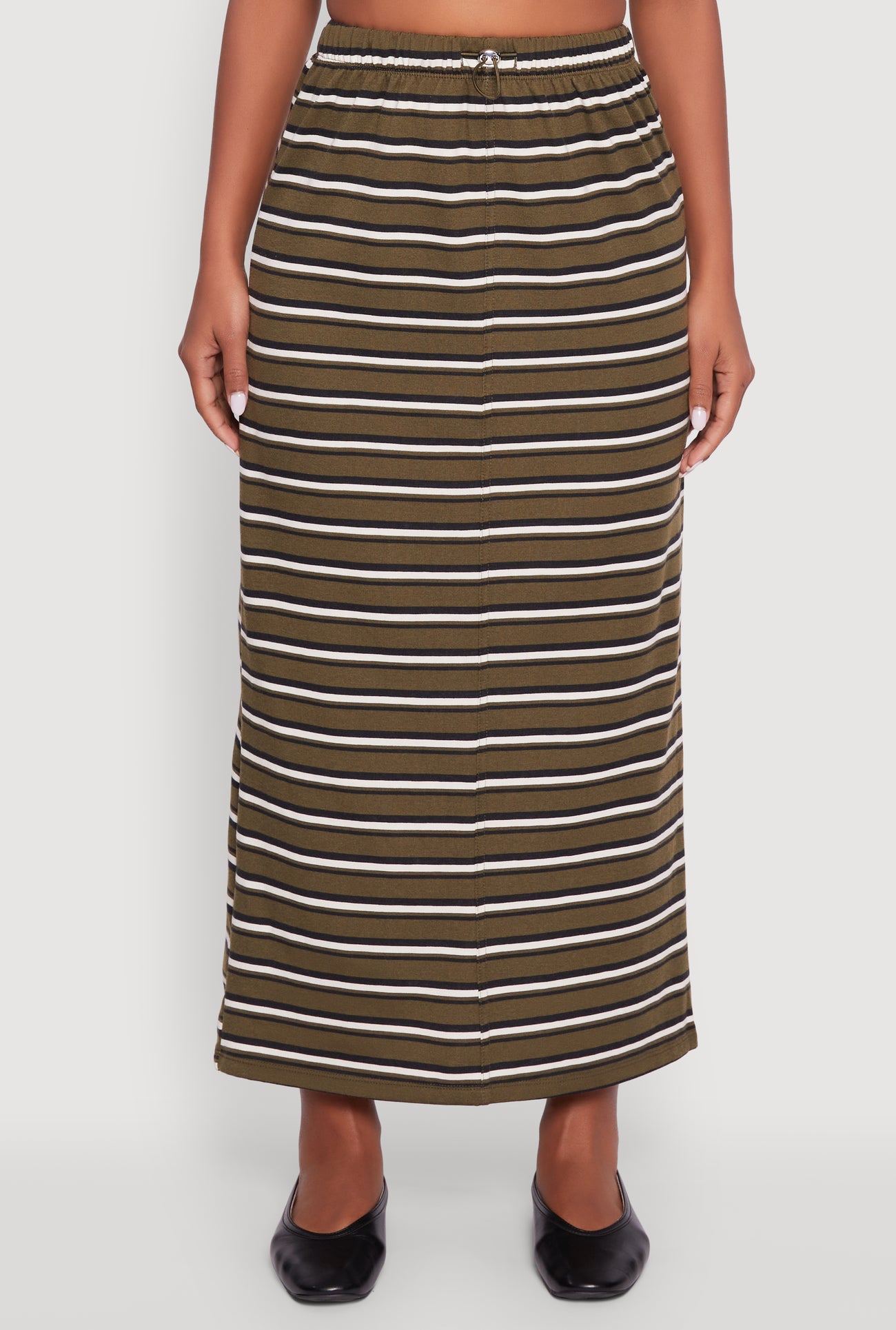 Striped Toggle Drawstring Waist Slit Back Maxi Skirt