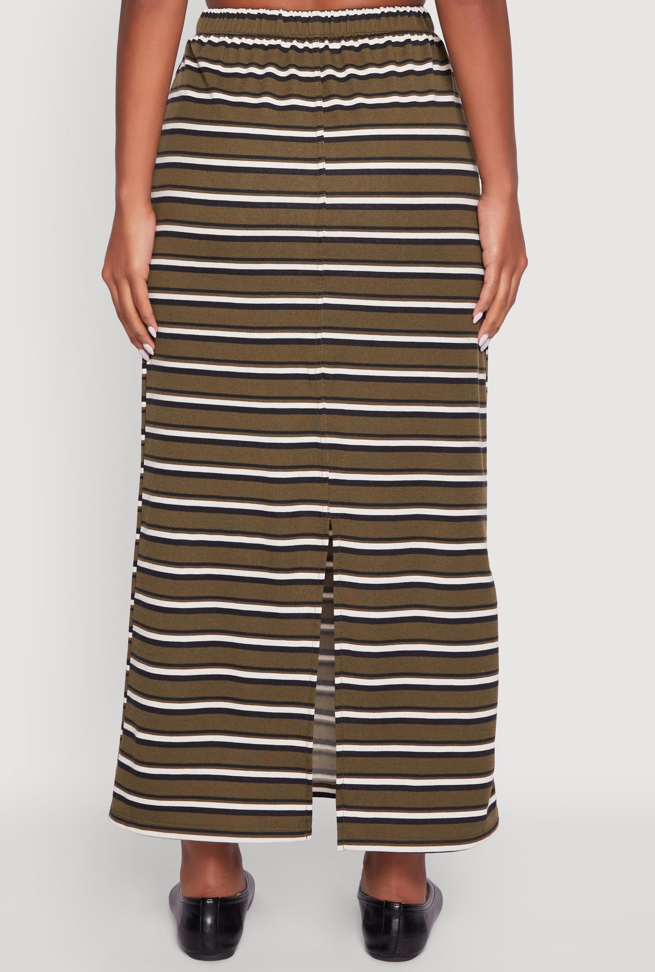 Striped Toggle Drawstring Waist Slit Back Maxi Skirt