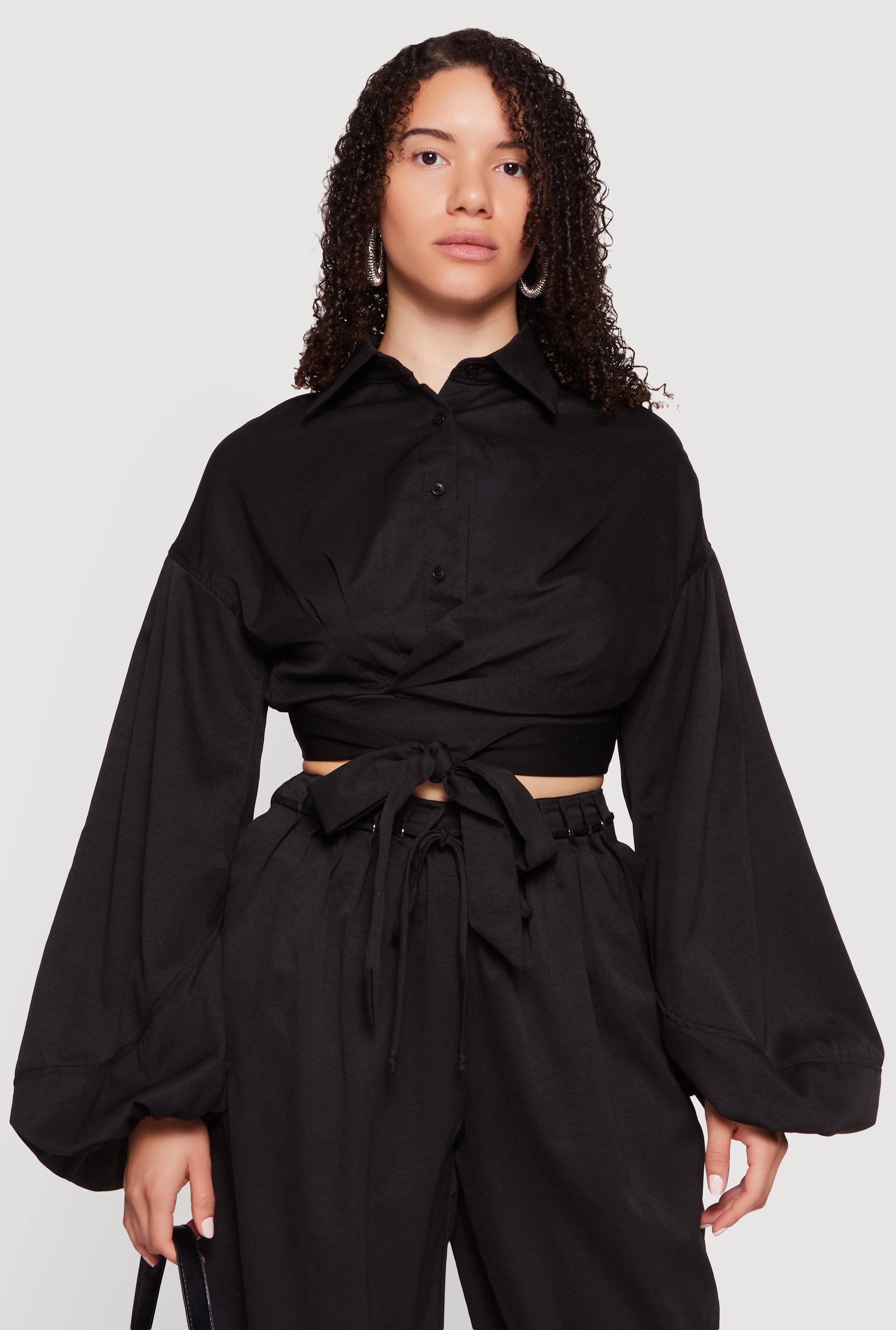 Faux Wrap Balloon Sleeve Cropped Shirt