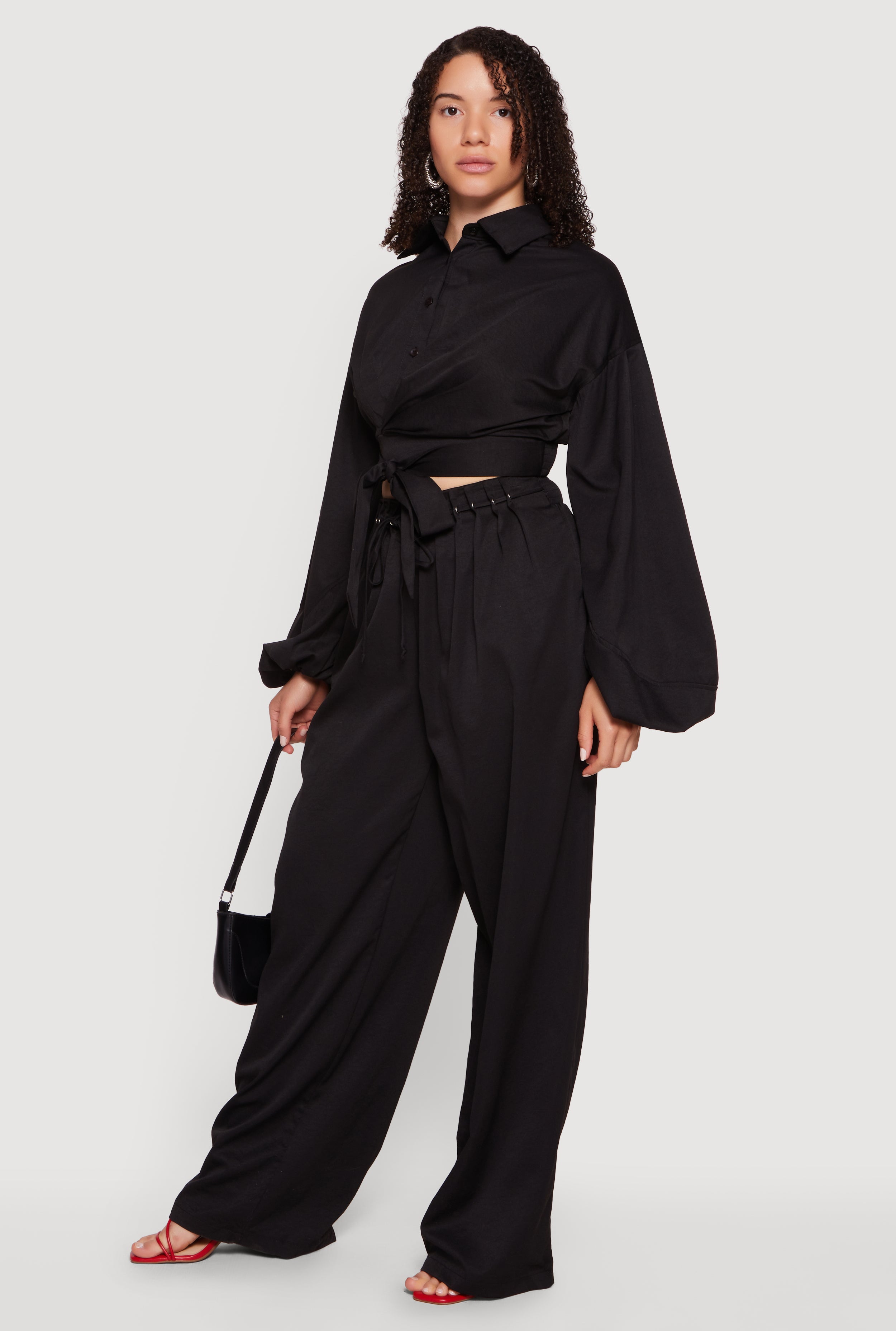 Faux Wrap Balloon Sleeve Cropped Shirt