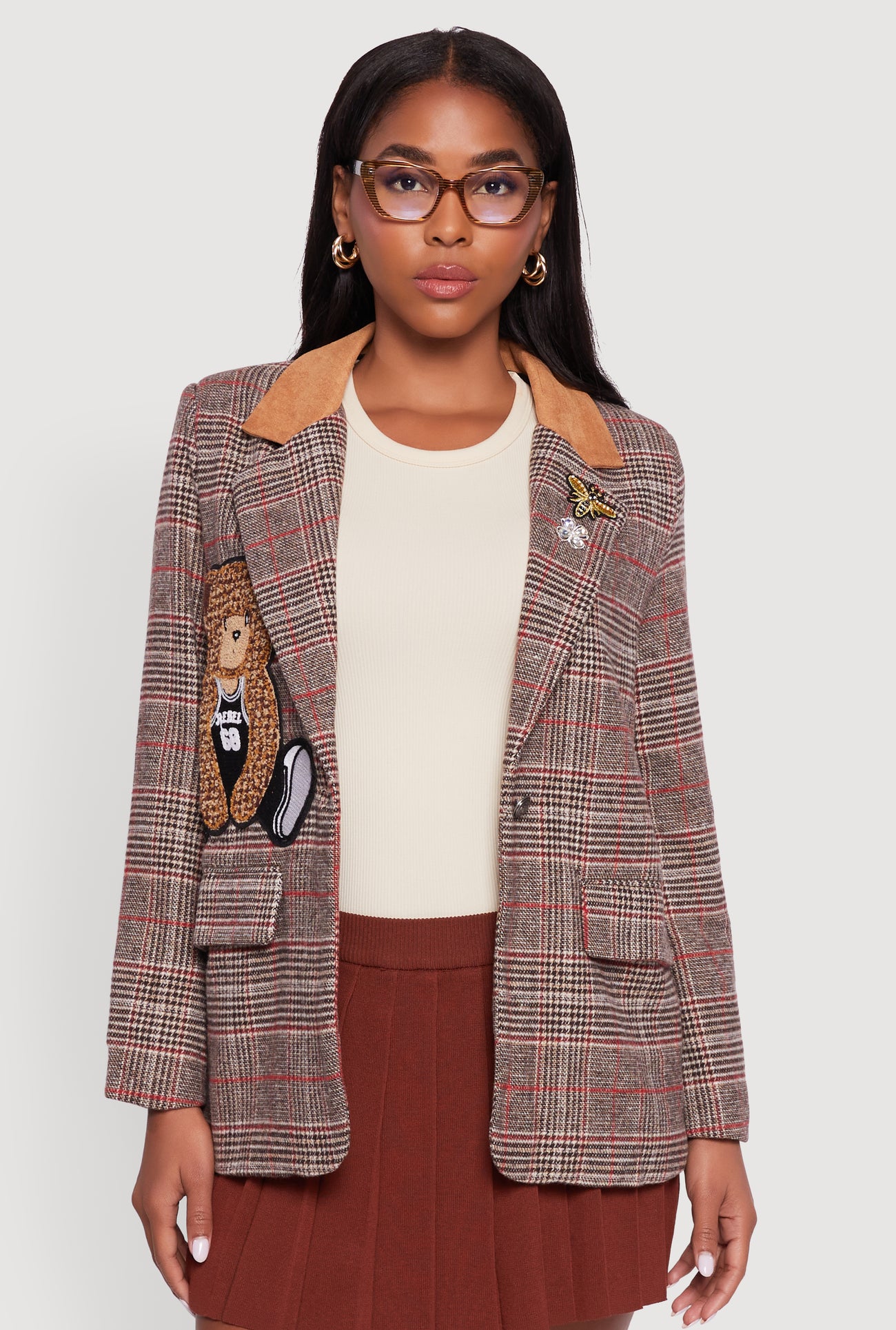 Chenille Bear Graphic Plaid Blazer with Padded Shoulders