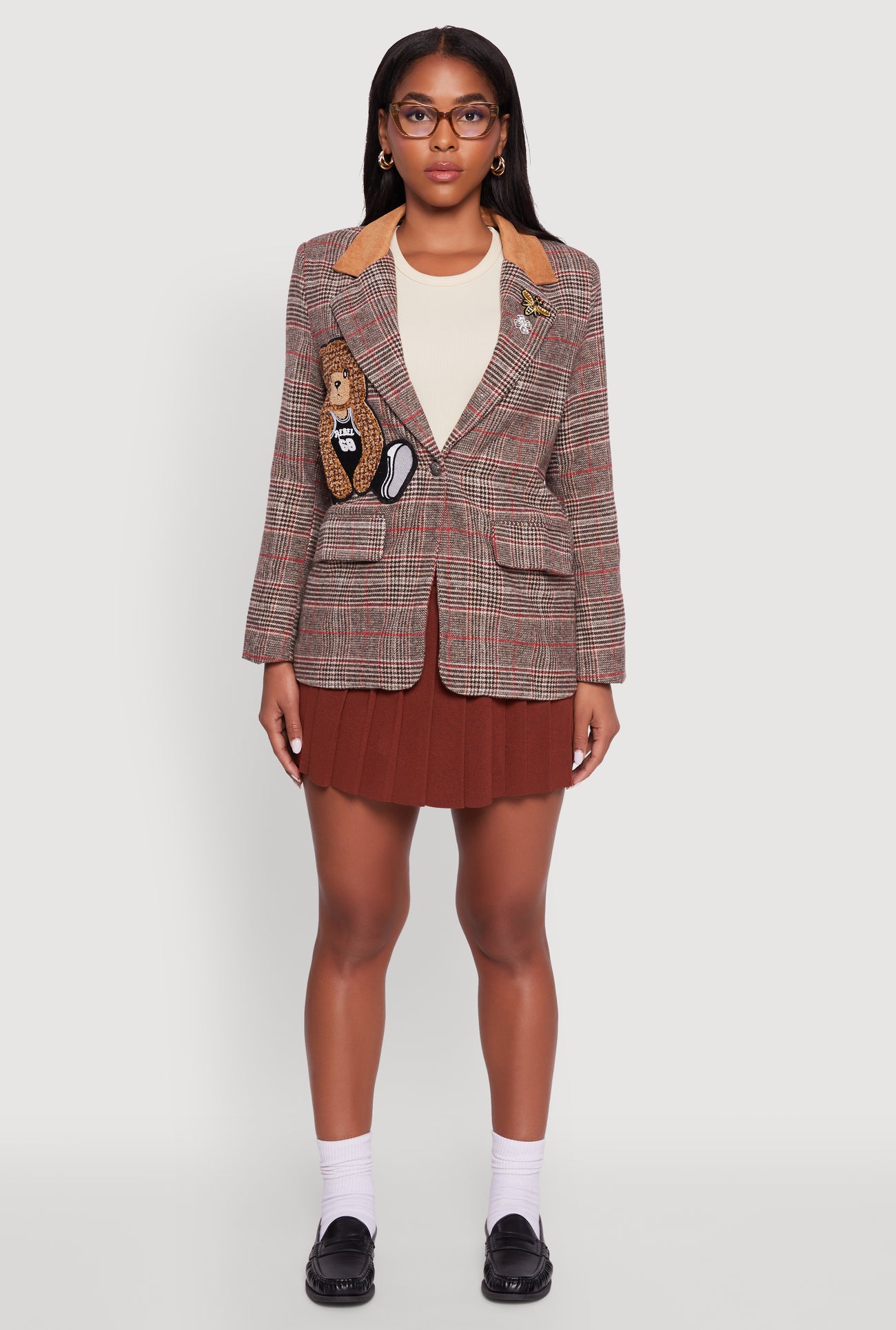 Chenille Bear Graphic Plaid Blazer with Padded Shoulders